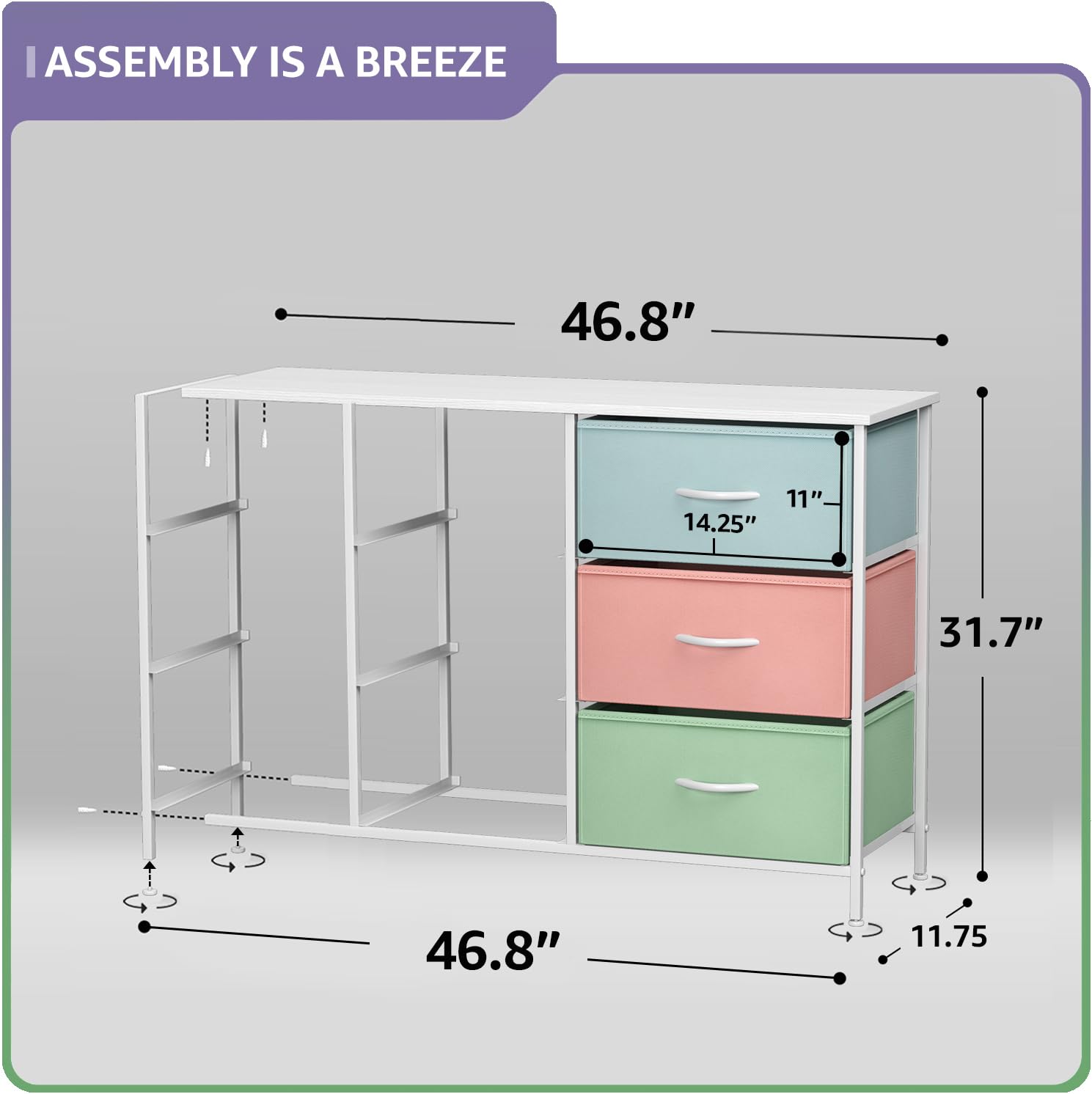 Sorbus fabric drawer storage keeps toys, blankets, and accessories neatly stored.