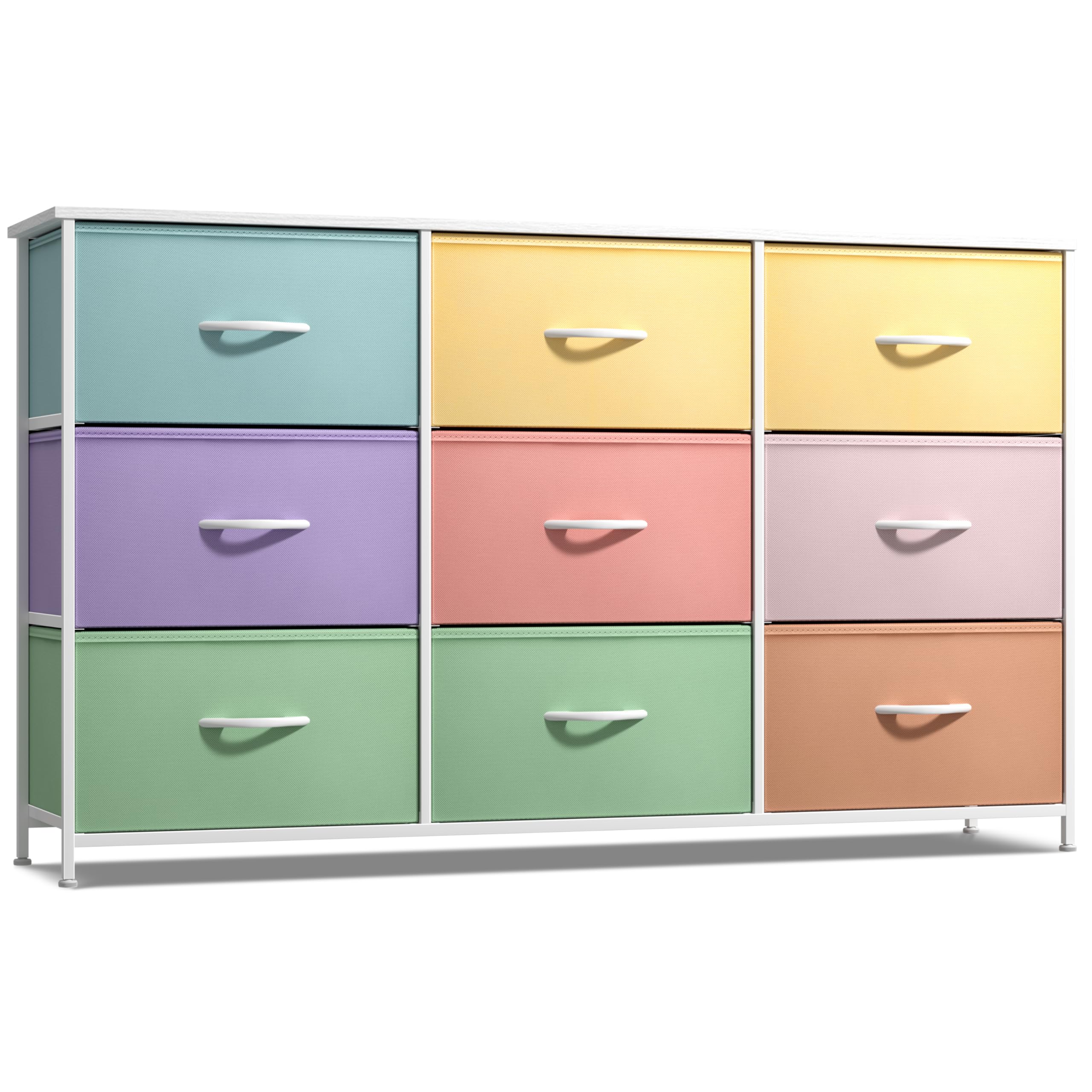 Sorbus kids dresser with nine fabric drawers and a wood top for organized clothing.