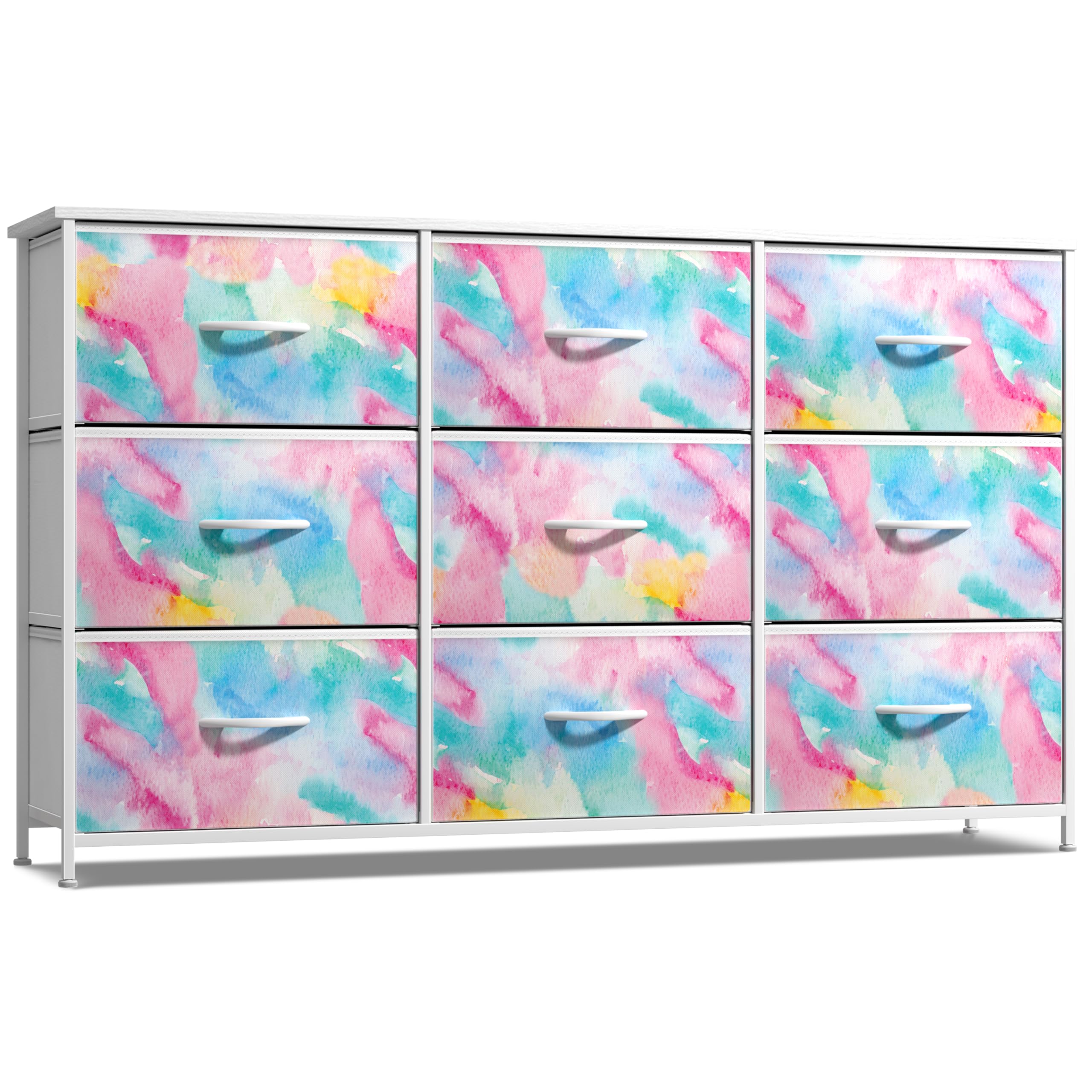 Sorbus Kids Dresser wood-top display area for books and lamps.