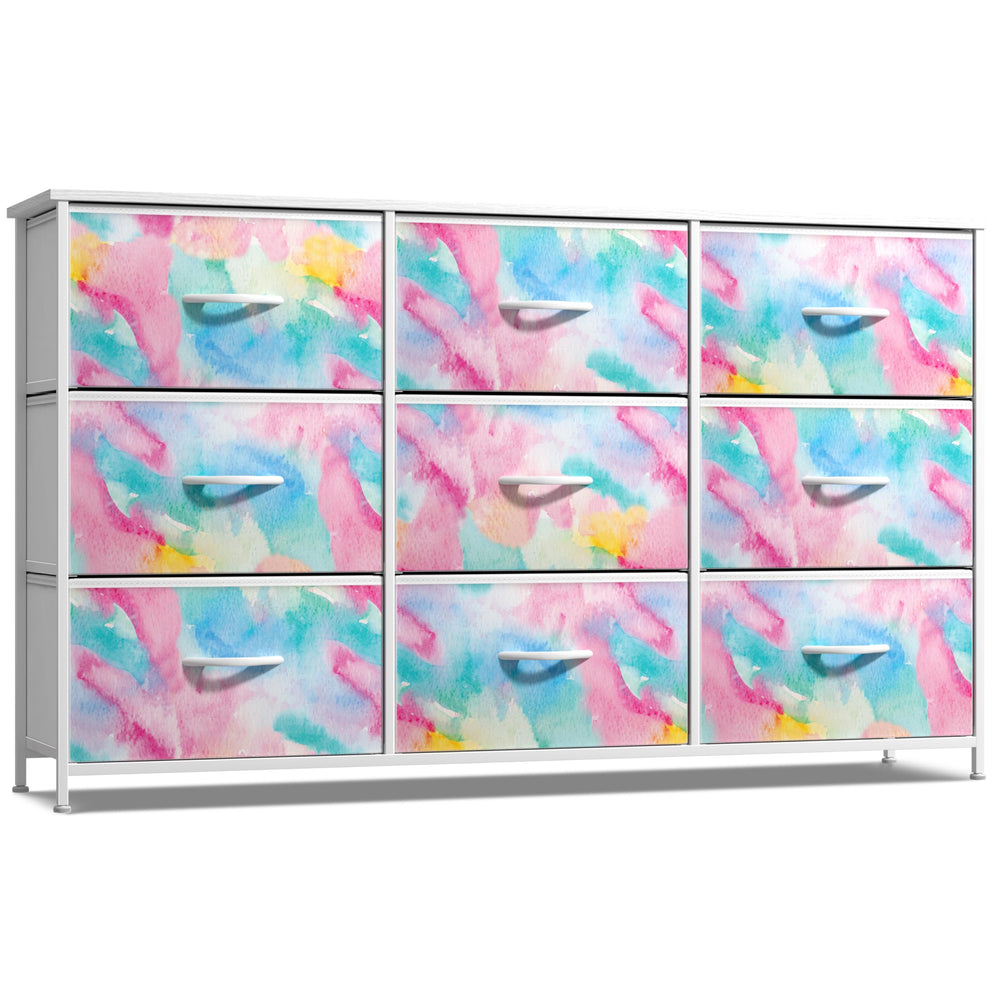 Sorbus Kids Dresser wood-top display area for books and lamps.
