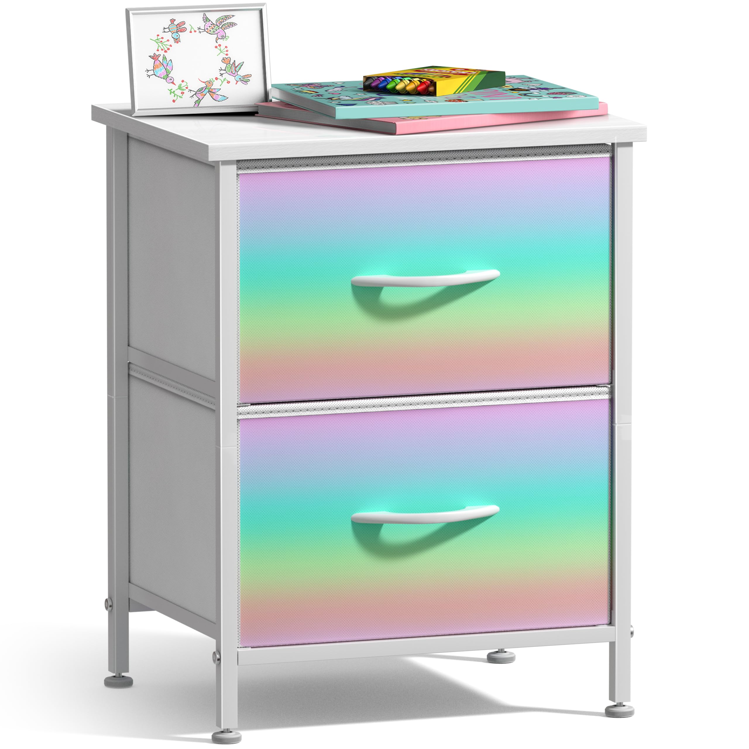 Sorbus nightstand with pastel fabric drawers for quick toy organization.