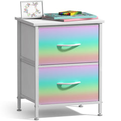 Sorbus nightstand with pastel fabric drawers for quick toy organization.