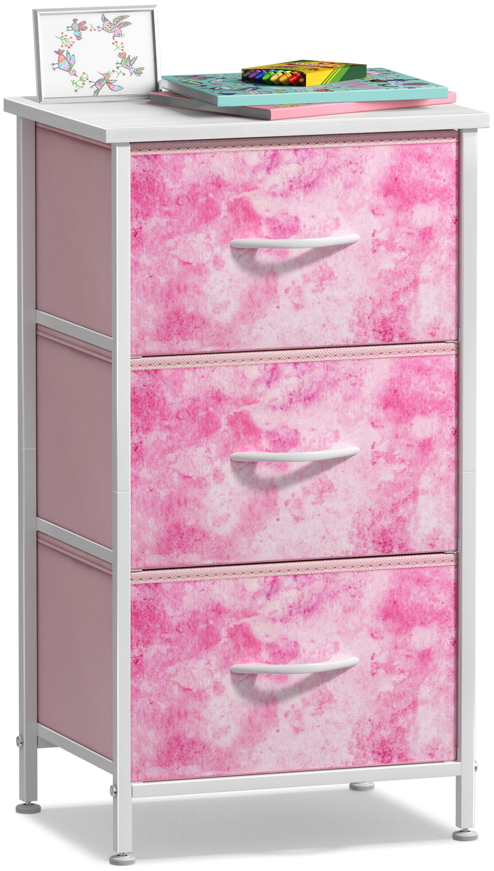 Sorbus nightstand 3-drawer pink tie-dye front view showing accessible storage.