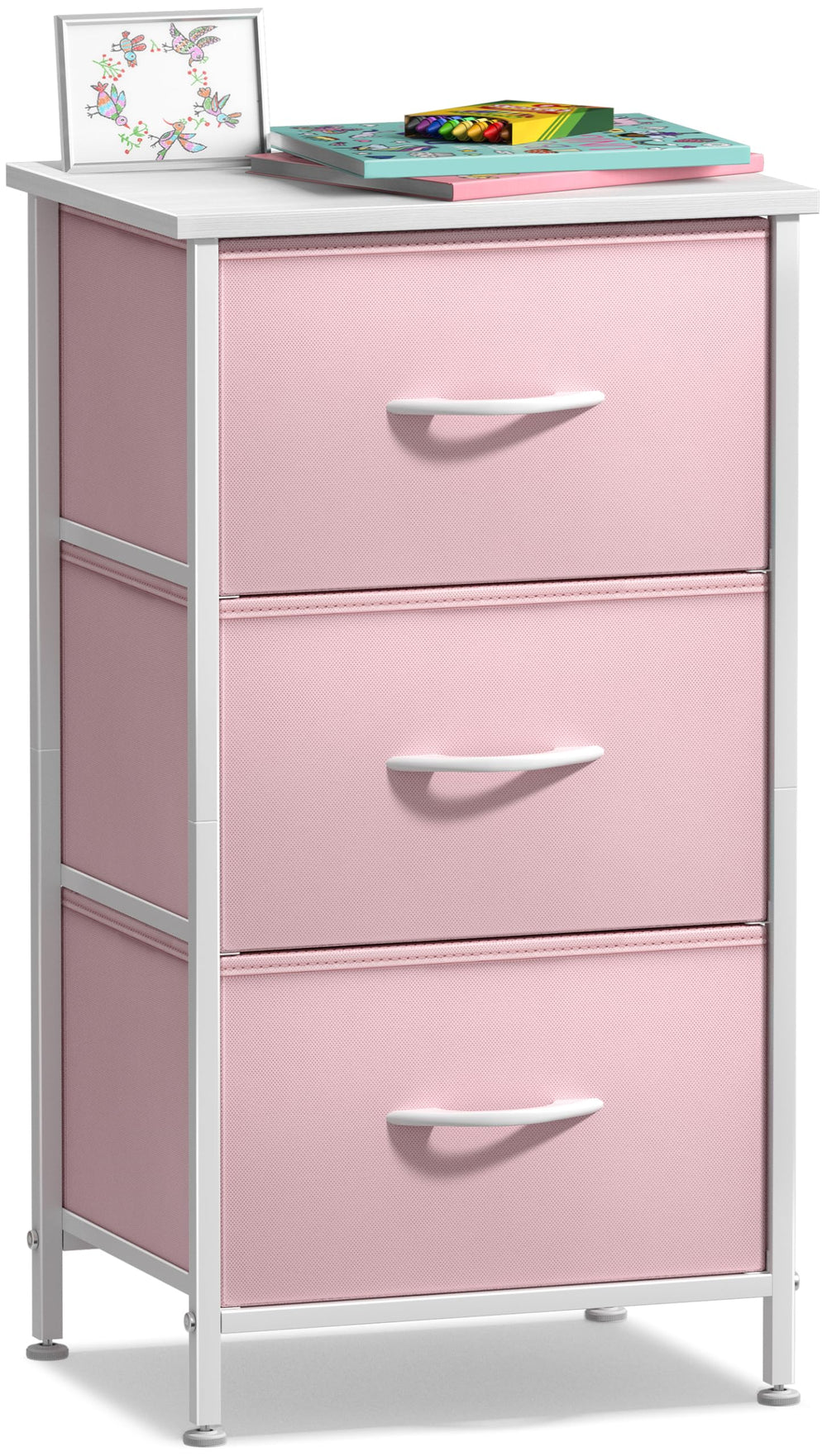 Sorbus nightstand with 3-drawers and pink fabric, perfect bedside storage.