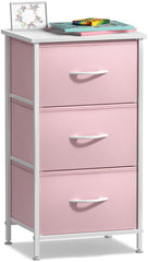 Sorbus nightstand with 3-drawers and pink fabric, perfect bedside storage.