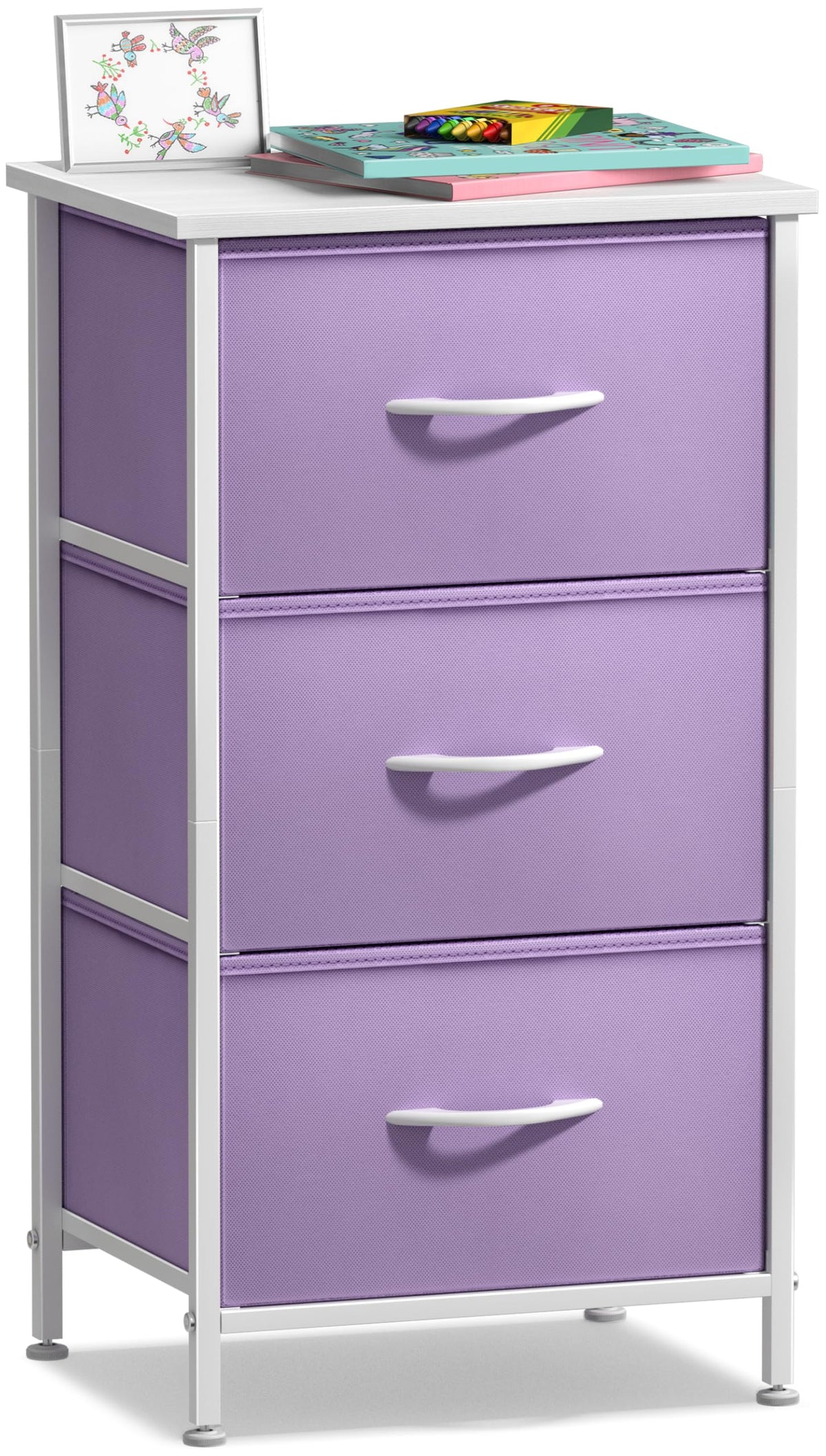 Sorbus nightstand with three purple drawers and wood top for compact bedside storage.