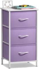 Sorbus nightstand with three purple drawers and wood top for compact bedside storage.