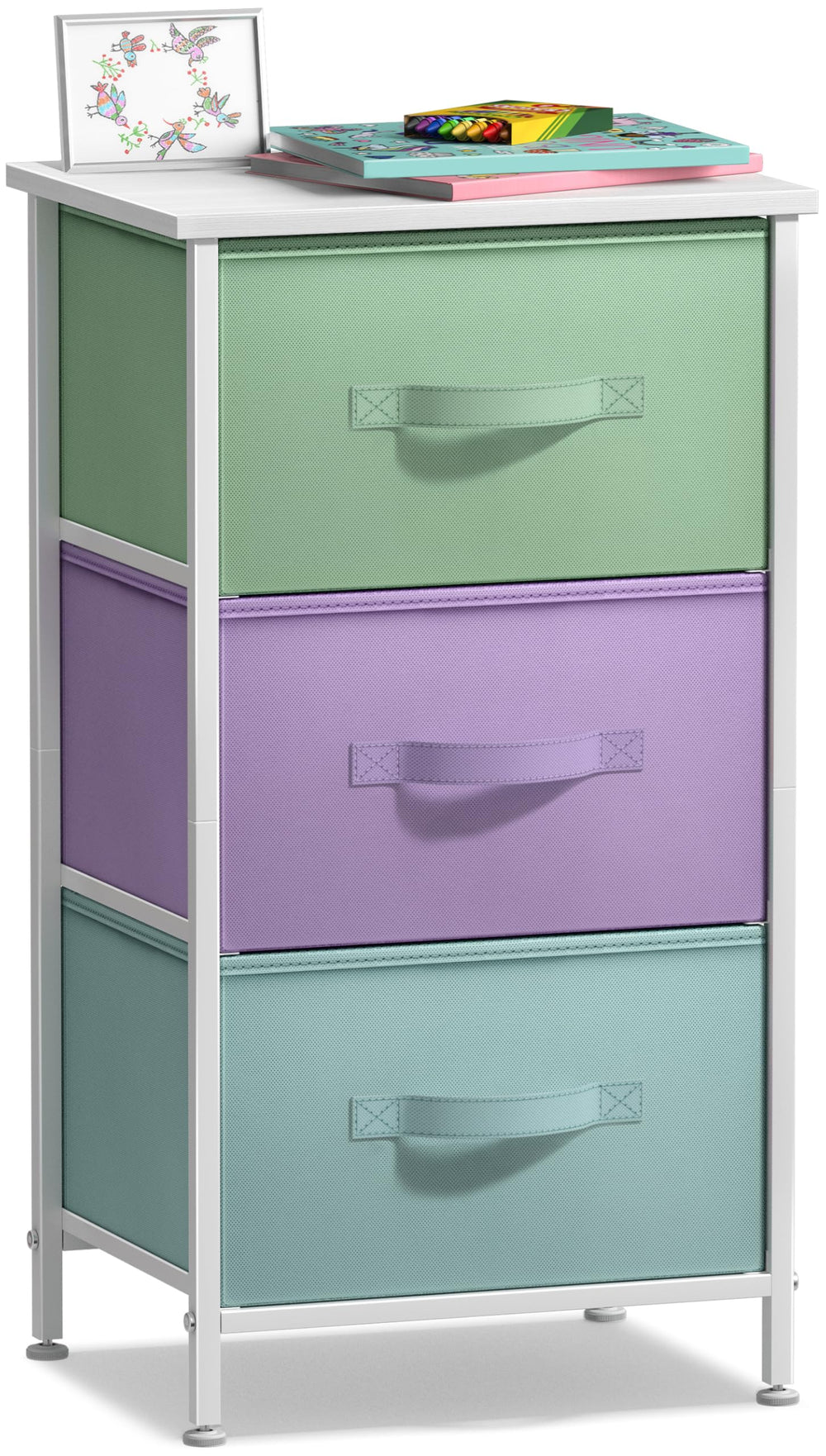 Sorbus nightstand with 3 drawers and wood top in pastel white on bedside setup