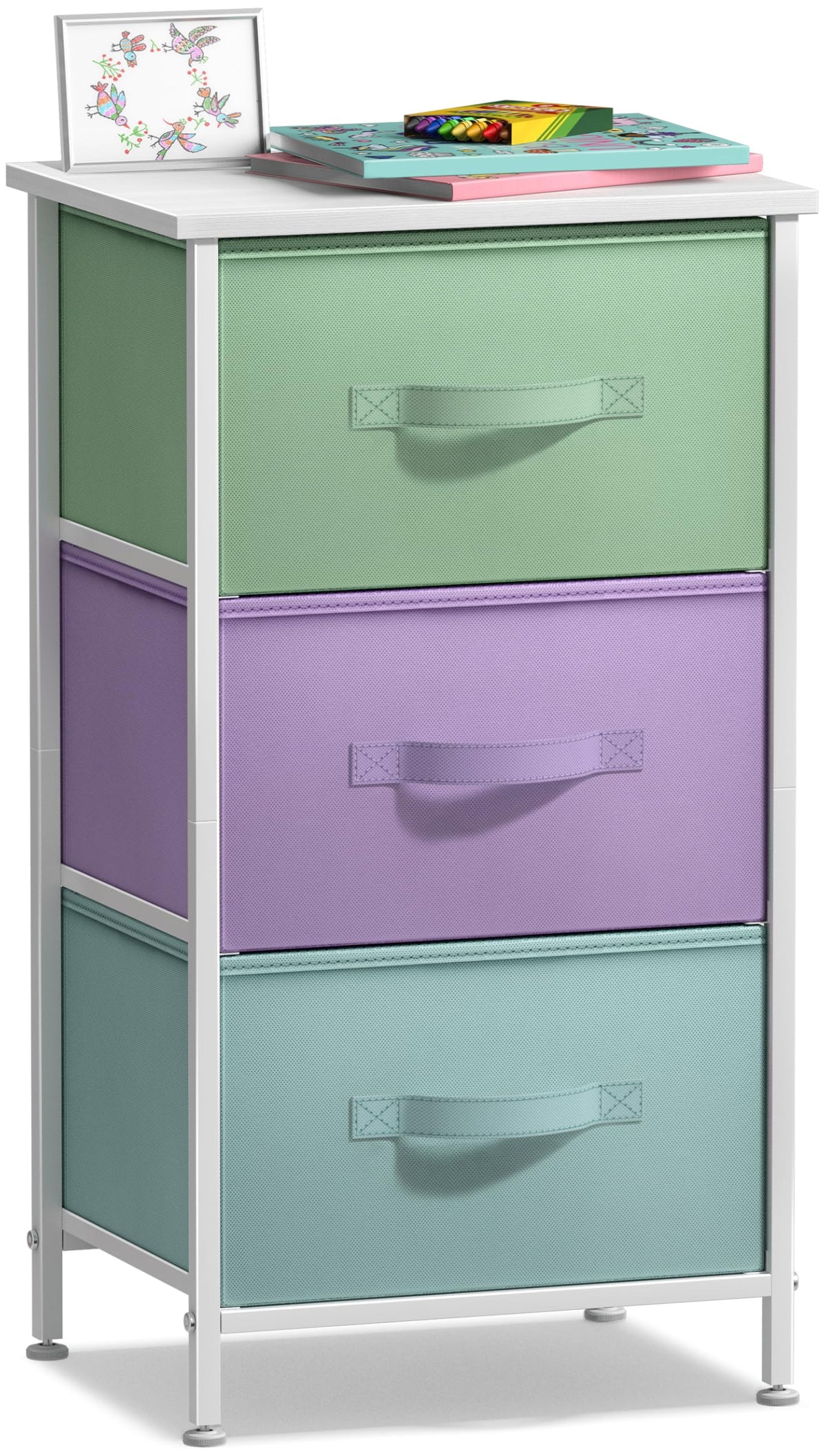Sorbus nightstand with 3 drawers and wood top in pastel white on bedside setup