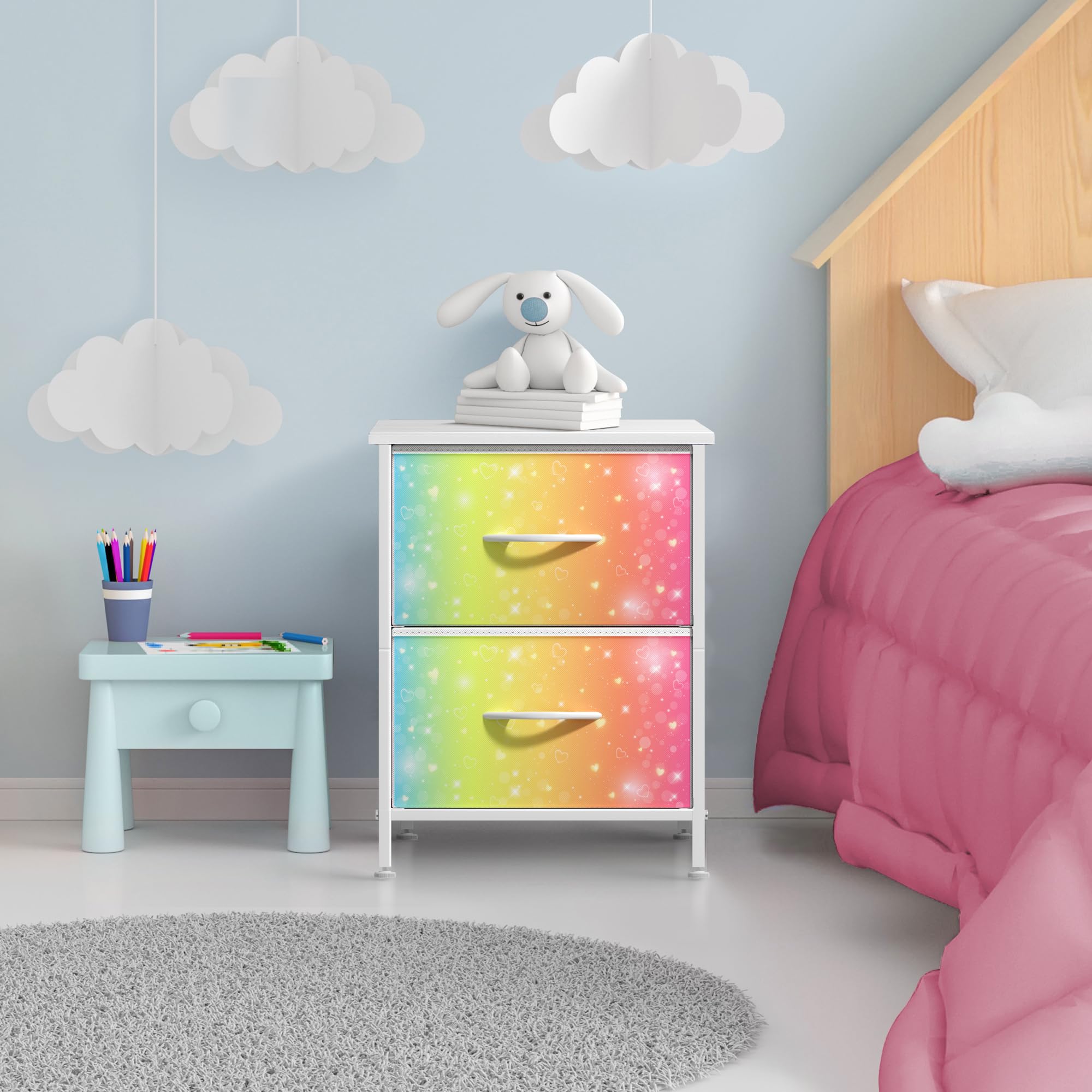 Fabric drawers pulled open on Sorbus nightstand showing breathable fabric and handles