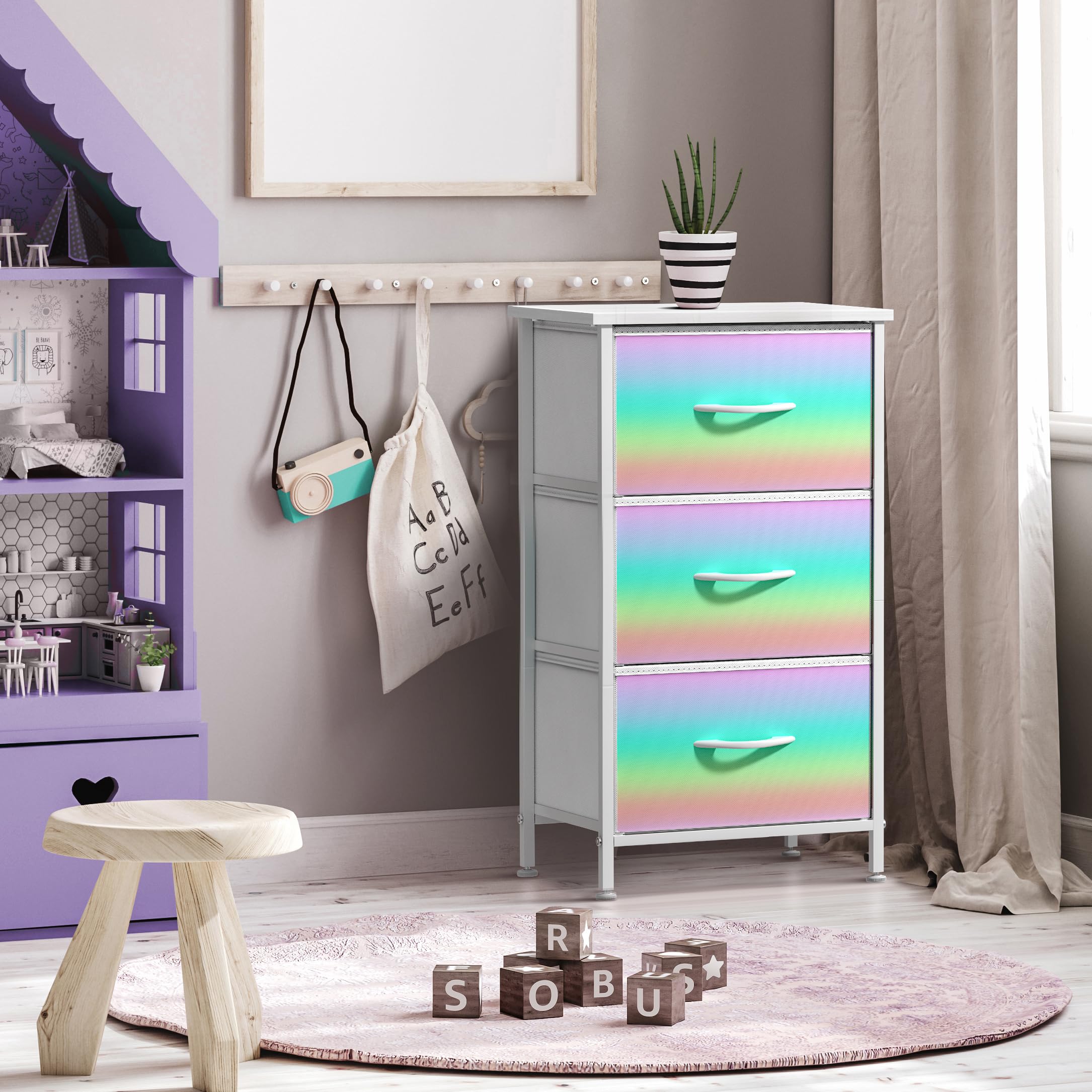 Sorbus nightstand with kid-friendly design shown beside bed.