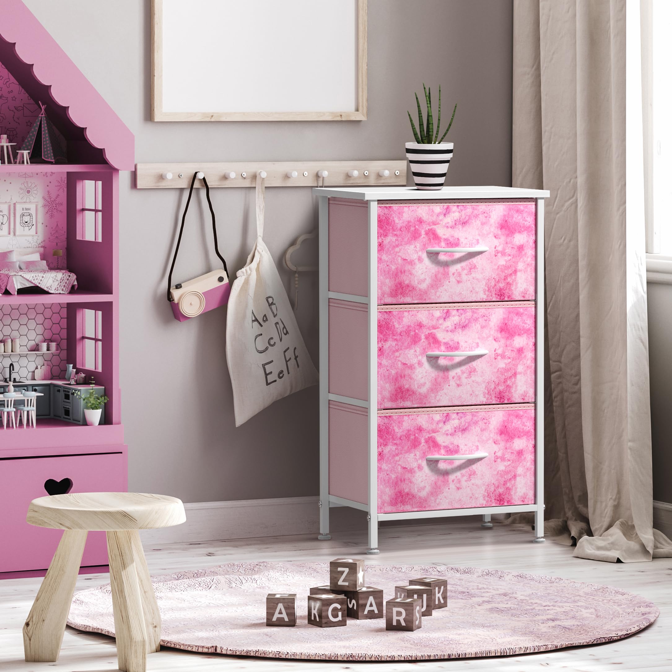 Sorbus nightstand in a kids room beside bed for organized storage.