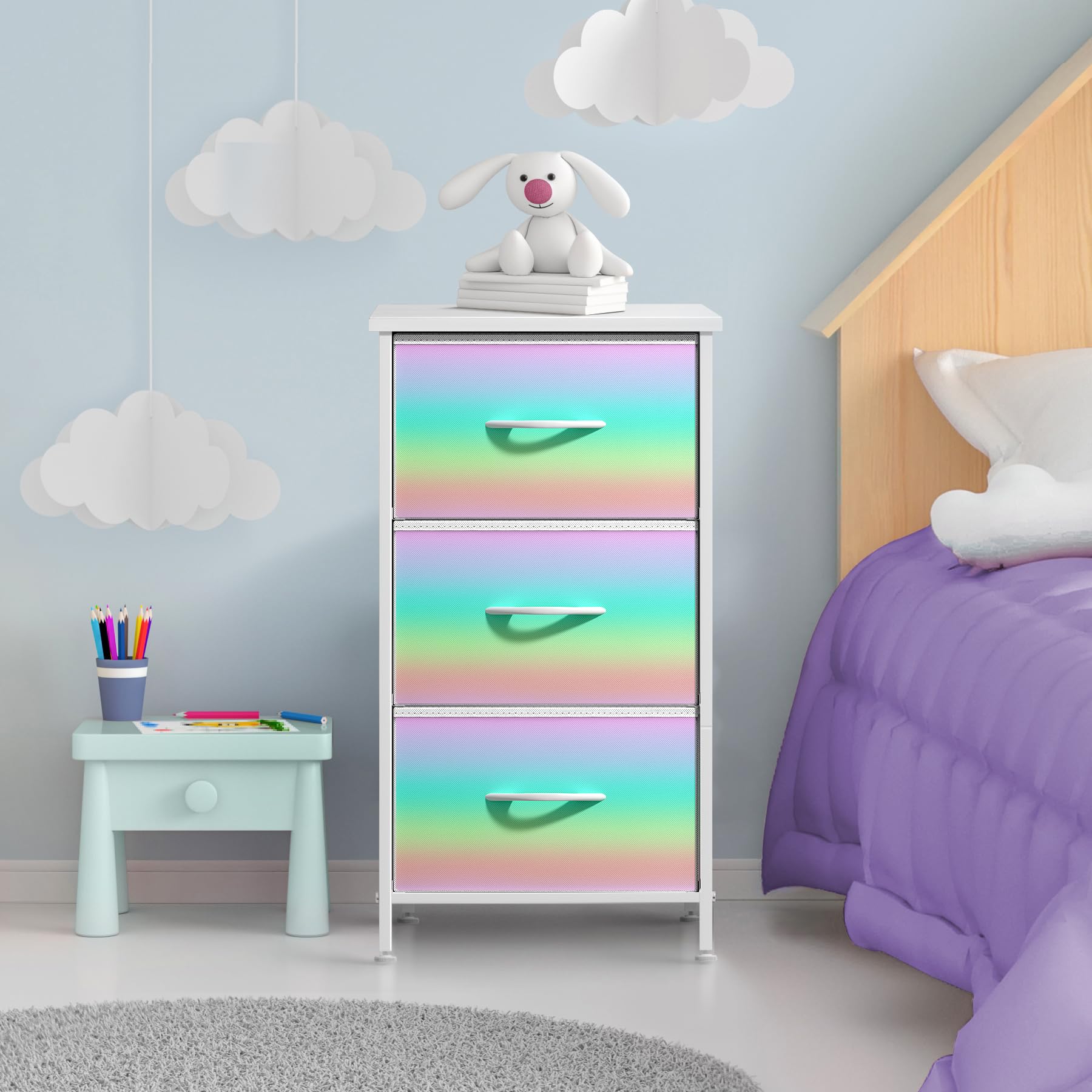 Sorbus nightstand shows pastel fabric drawers ideal for toys and kids' rooms.