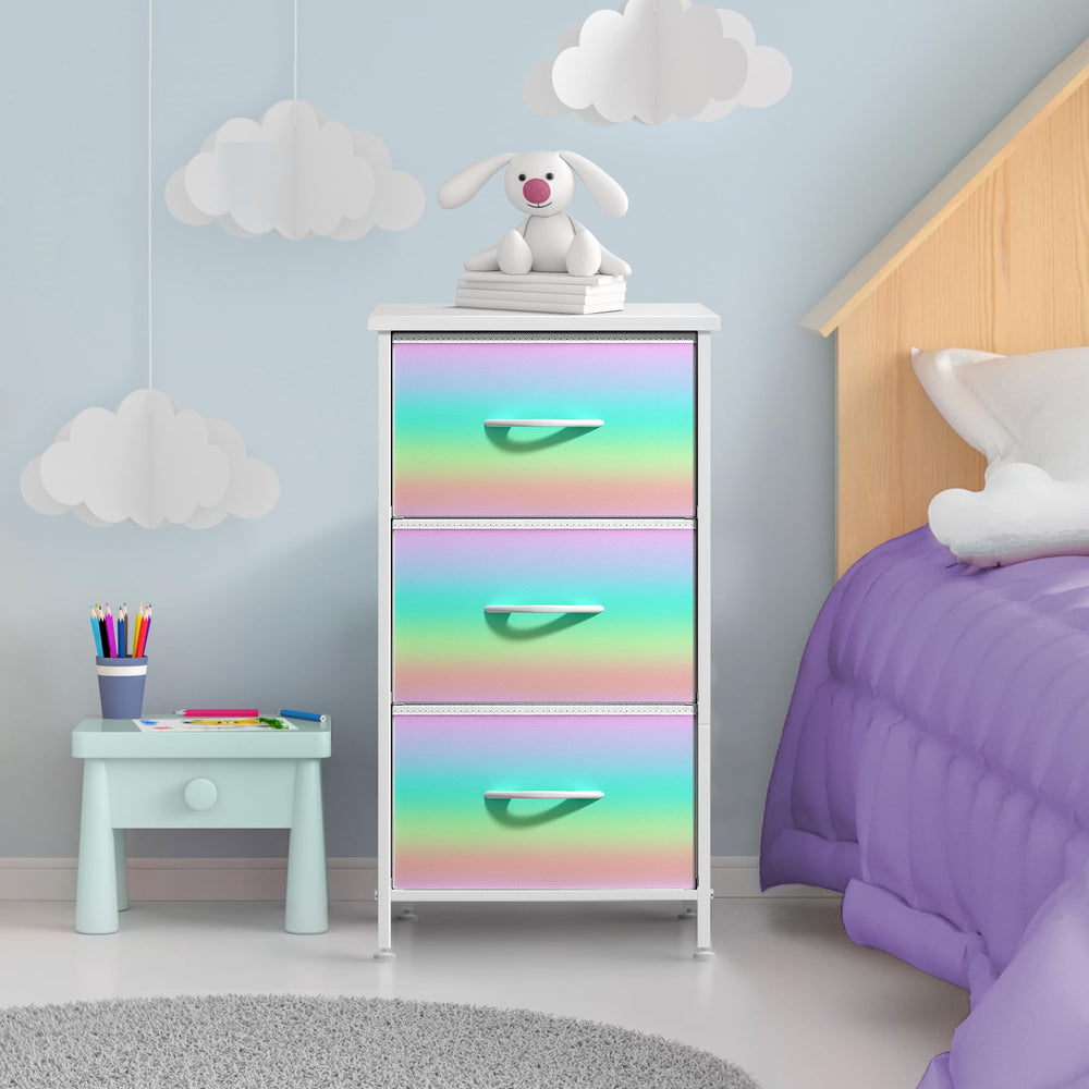Sorbus nightstand shows pastel fabric drawers ideal for toys and kids' rooms.