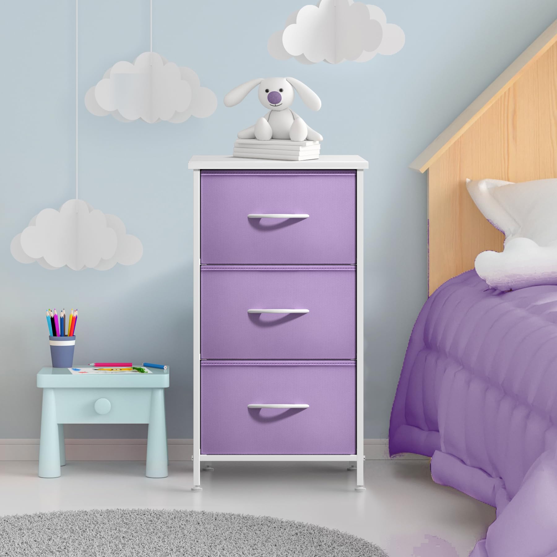 Sorbus nightstand with wood top and steel frame highlighting sturdy construction.