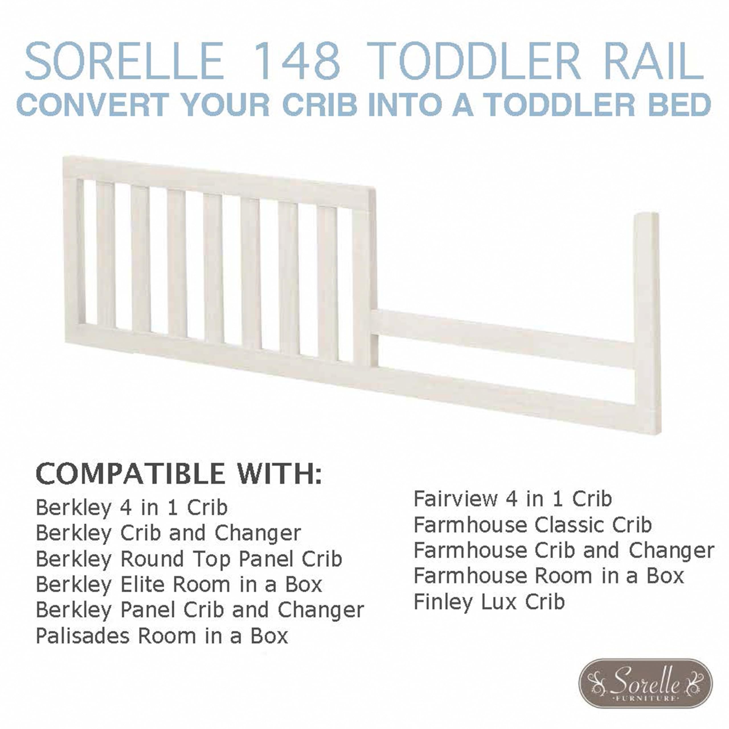 Sorelle white rail color option complements nursery decor.