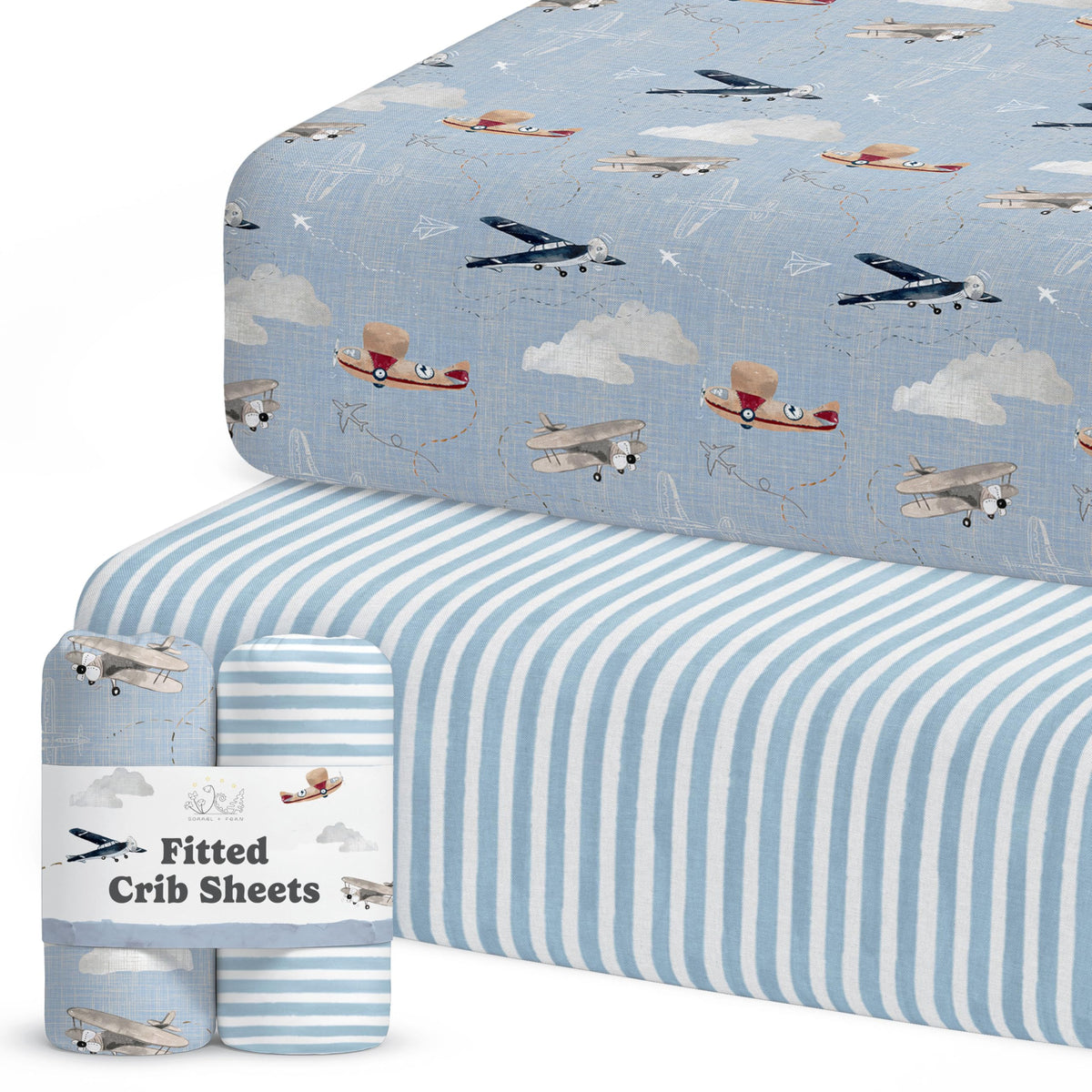 Sorrel + Fern Airplanes in the Clouds crib sheet, breathable softness for baby sleep