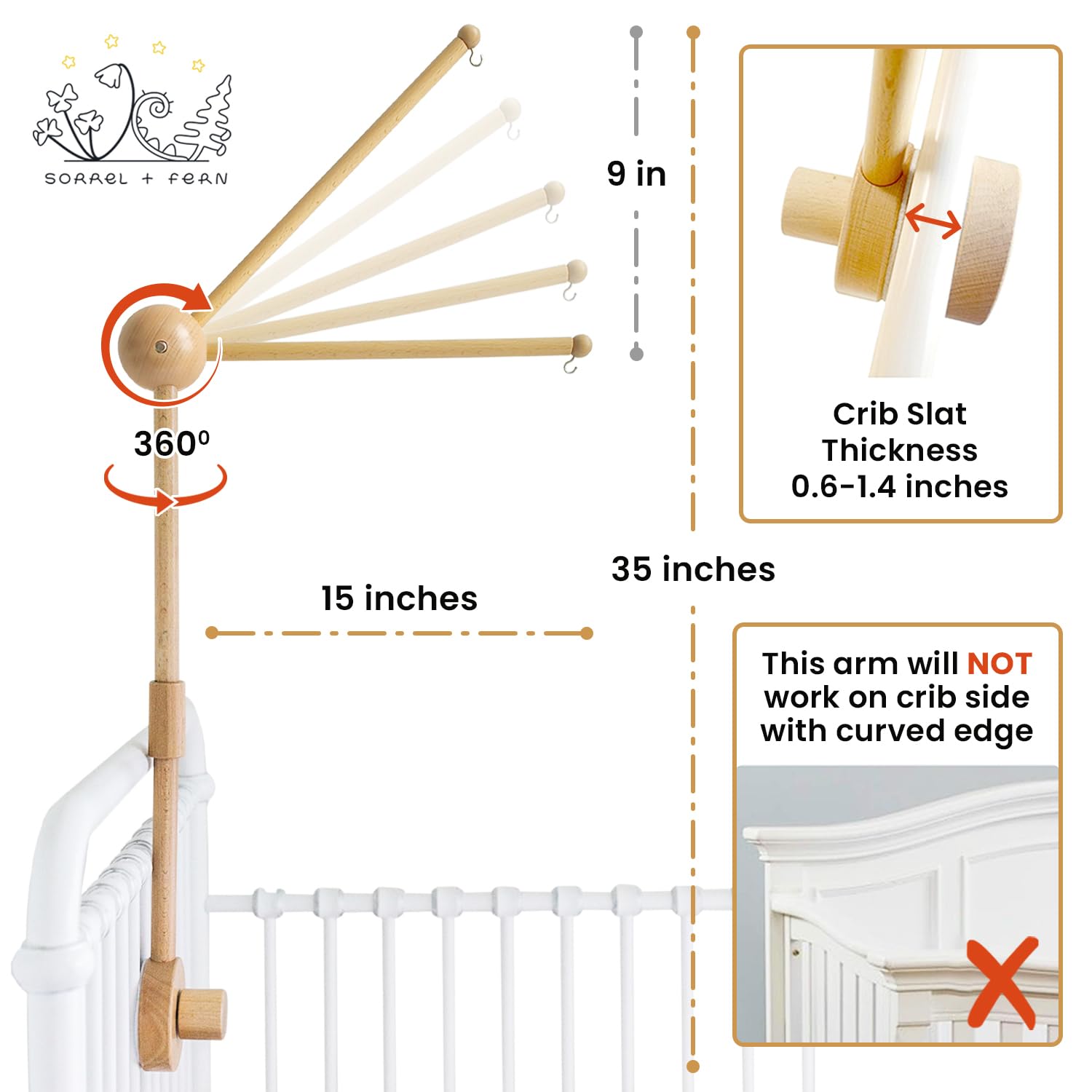 Sorrel + Fern anti-slip crib attachment prevents movement while protecting the crib finish.