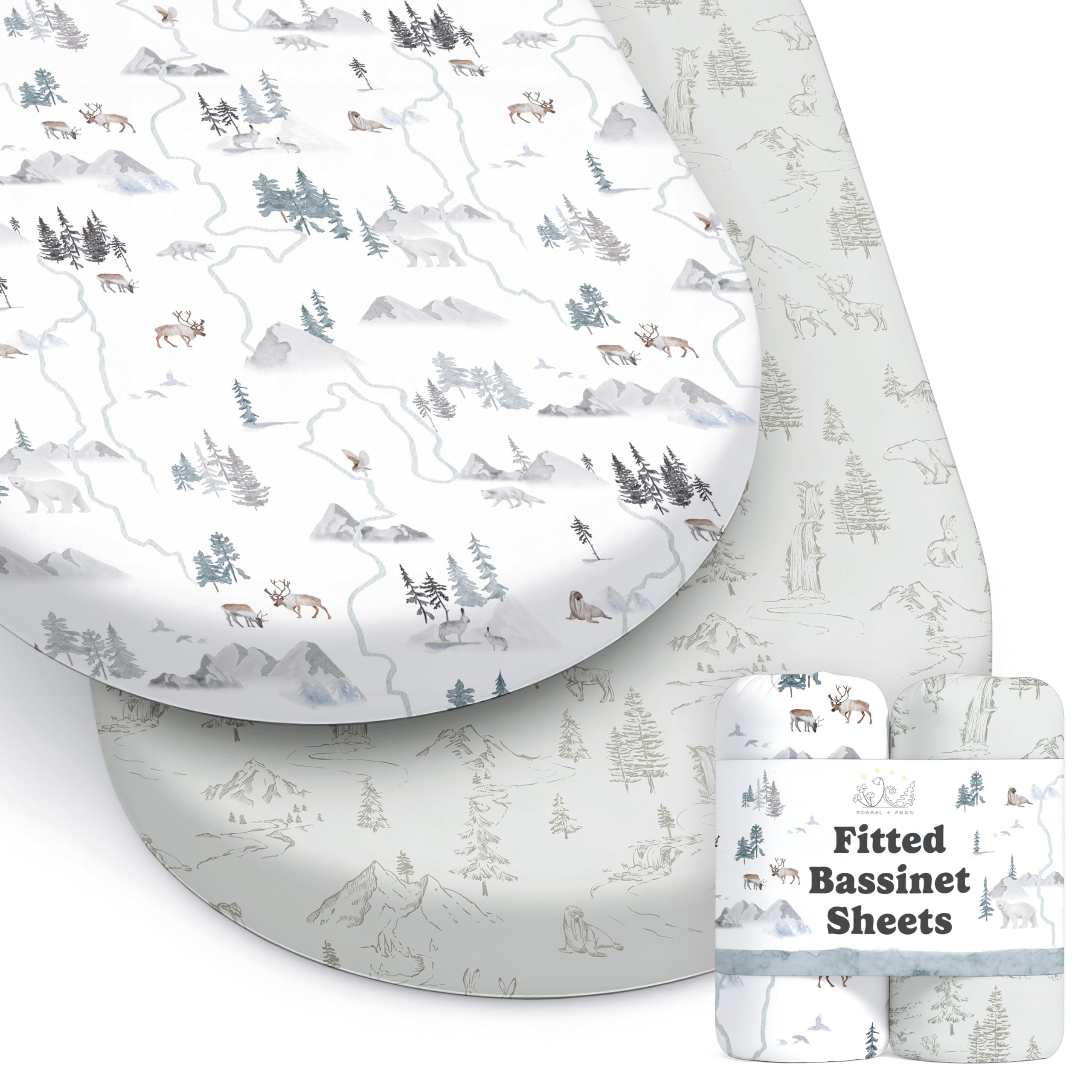 Sorrel + Fern Arctic Journey 2-pack bassinet sheets cozy sleep space.