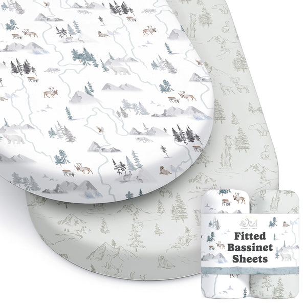 Sorrel + Fern Arctic Journey 2-pack bassinet sheets cozy sleep space.