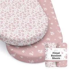 Sorrel + Fern bassinet sheets in antique rose pattern add a cozy nursery feel