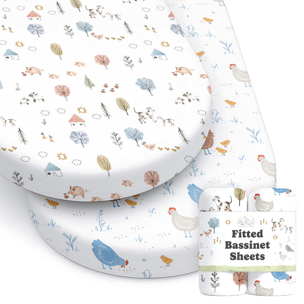 Sorrel + Fern baby bassinet sheets with farm-animals-pattern for a cozy sleep surface