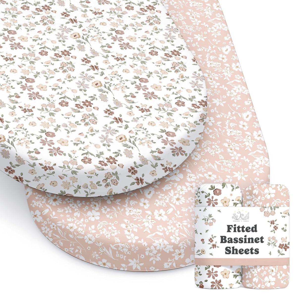 Sorrel and Fern baby bassinet sheets featuring Fleurette pattern for a cozy sleep space.