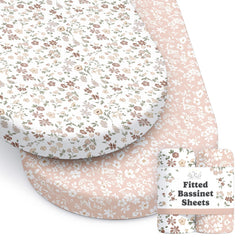 Sorrel and Fern baby bassinet sheets featuring Fleurette pattern for a cozy sleep space.