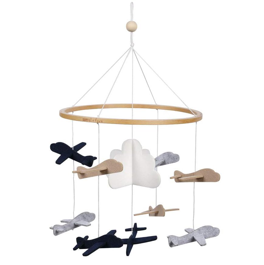 Sorrel and Fern baby crib mobile with airplanes and clouds for soothing nap times