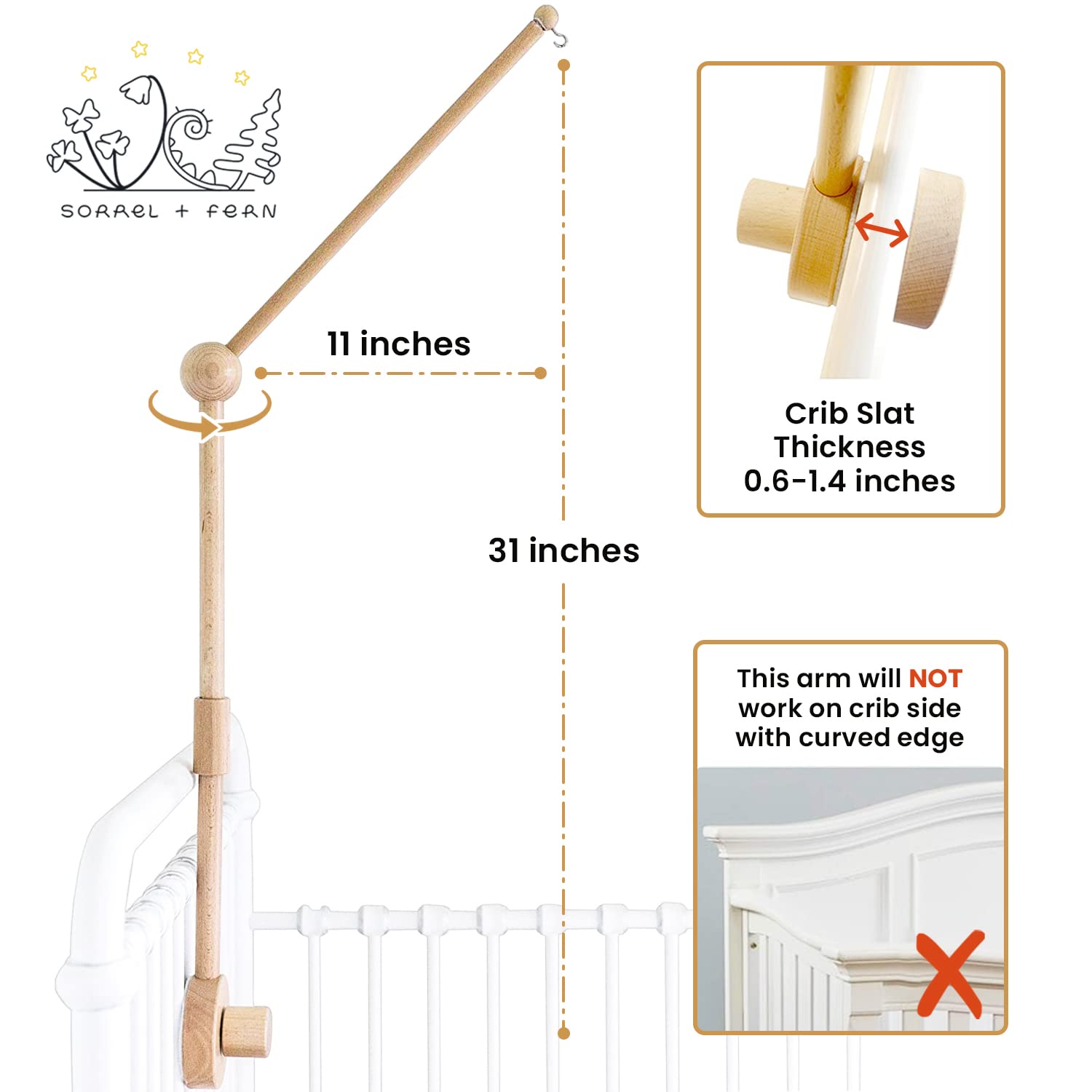 Sorrel + Fern 31-inch wooden mobile arm with durable construction.