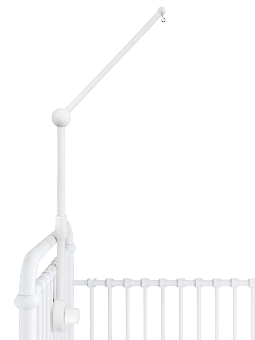 Sorrel and Fern baby crib mobile arm in white securing a 31-inch crib with safe hang.