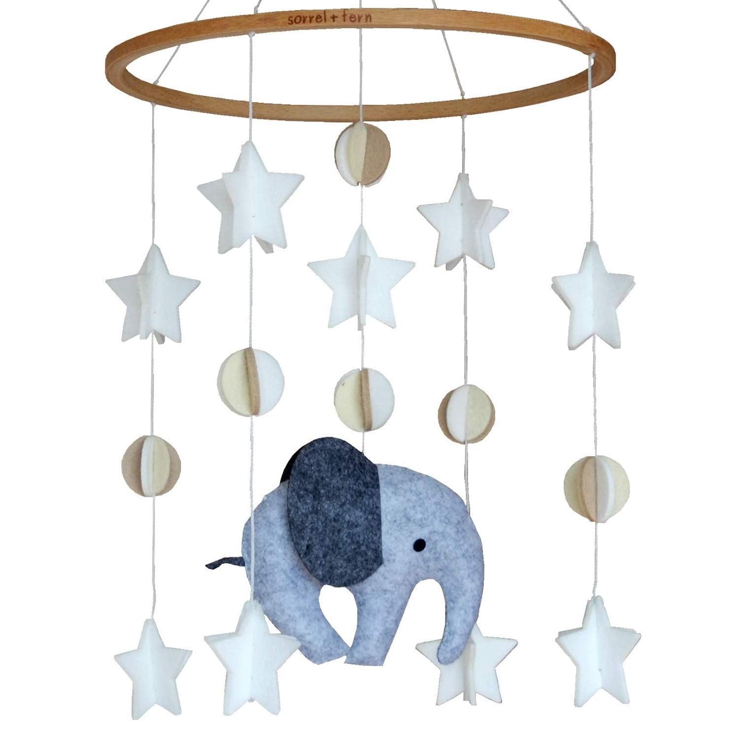 Sorrel + Fern baby crib mobile with wooden elephant for unisex nursery decor.