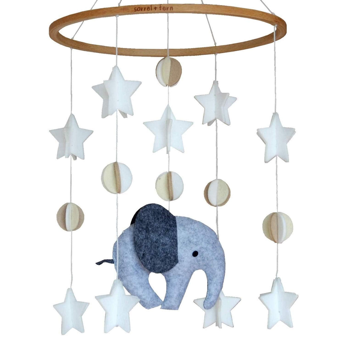 Sorrel + Fern baby crib mobile with wooden elephant for unisex nursery decor.