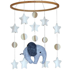 Sorrel + Fern baby crib mobile with wooden elephant for unisex nursery decor.