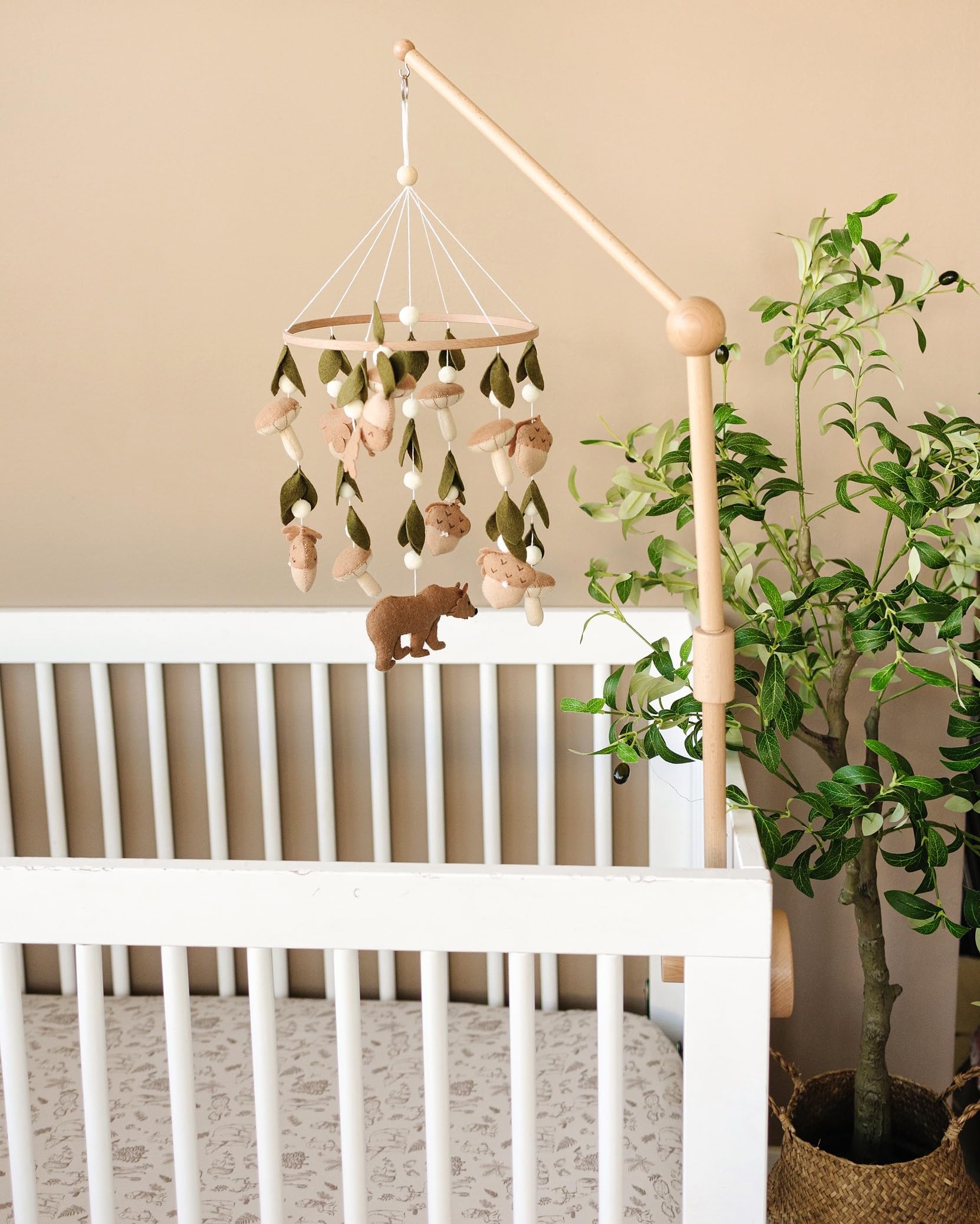 Sorrel and Fern Bear forest mobile brightens a cozy nursery space