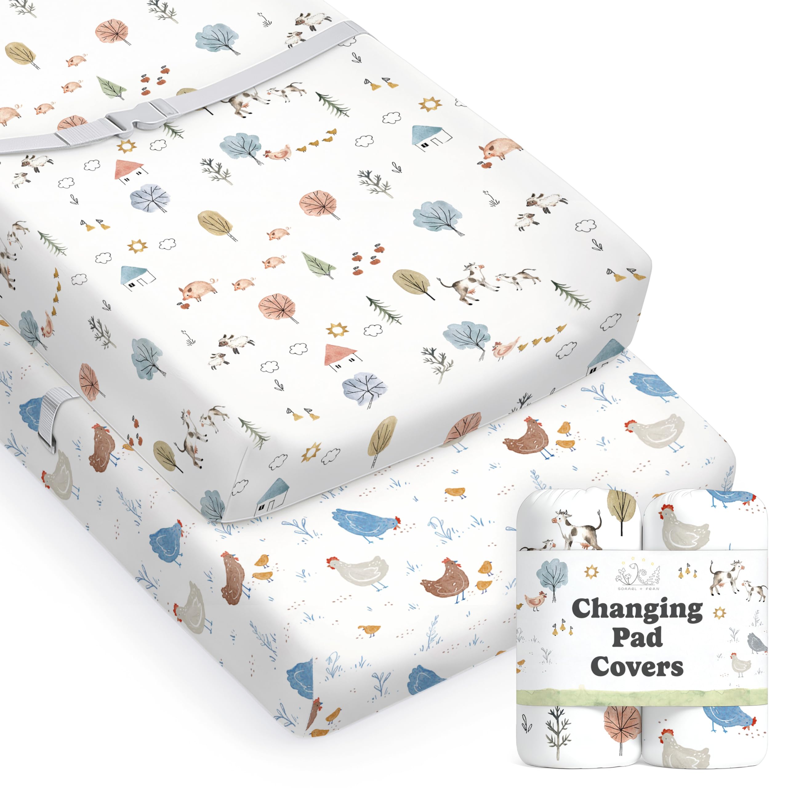 Sorrel + Fern changing pad cover in farm animals pattern keeps nursery stylish and cozy.