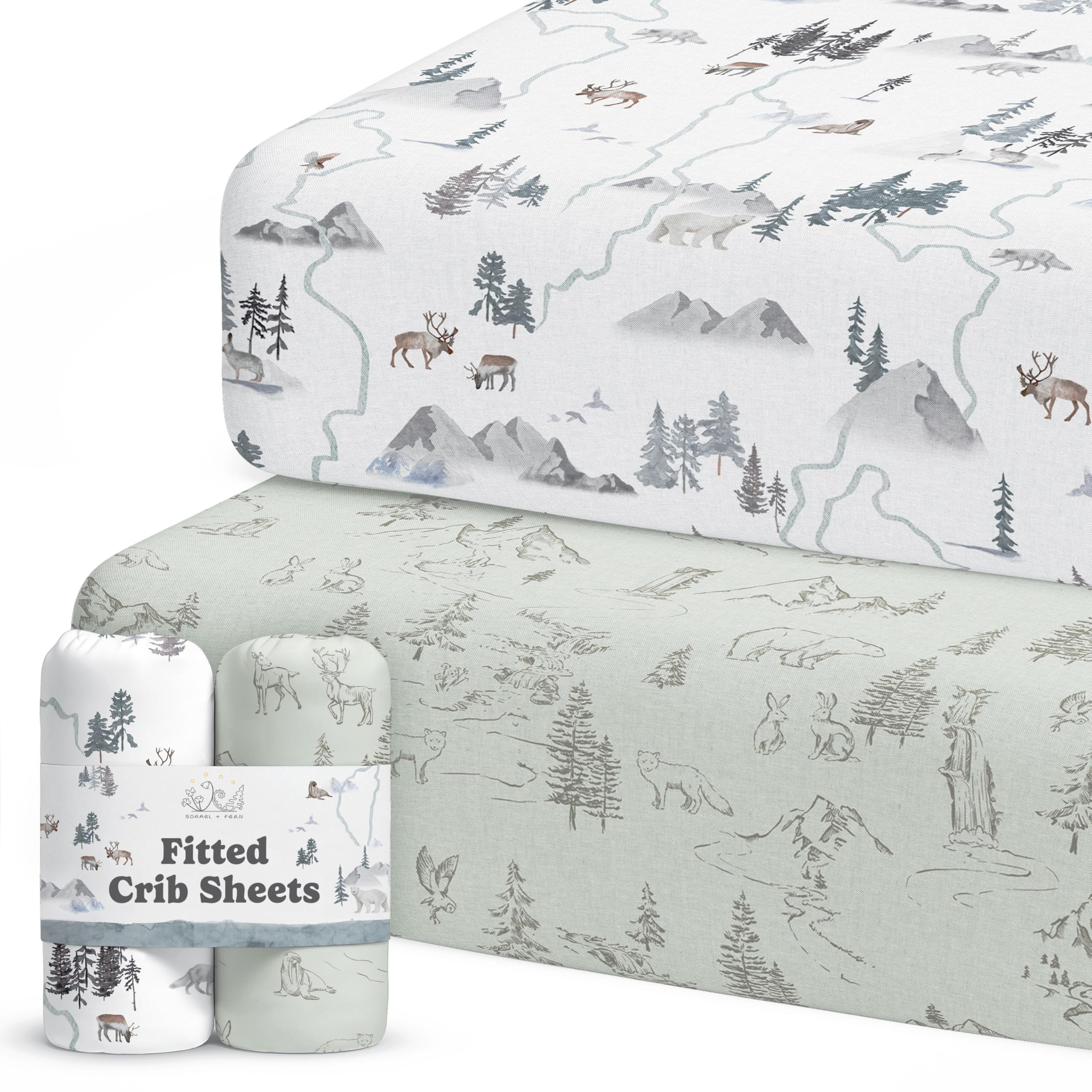 Sorrel + Fern crib sheet Arctic Journey close-up shows buttery-soft fabric for gentle sleep.
