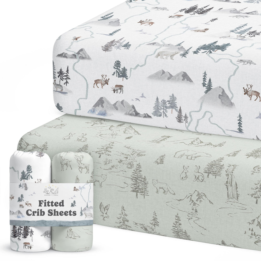 Sorrel + Fern crib sheet Arctic Journey close-up shows buttery-soft fabric for gentle sleep.