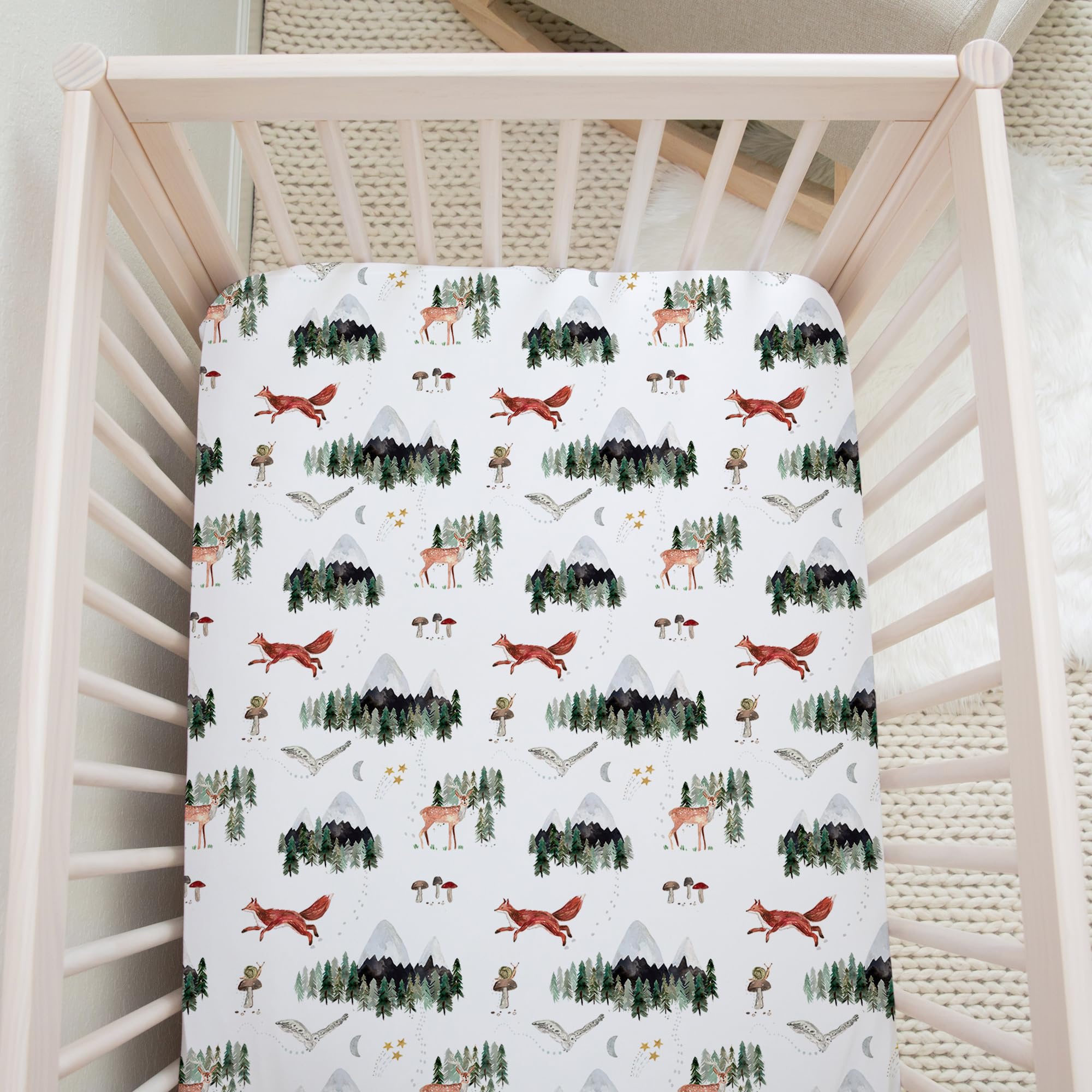 Sorrel + Fern crib sheet fitted with strong elastic edge for secure fit.