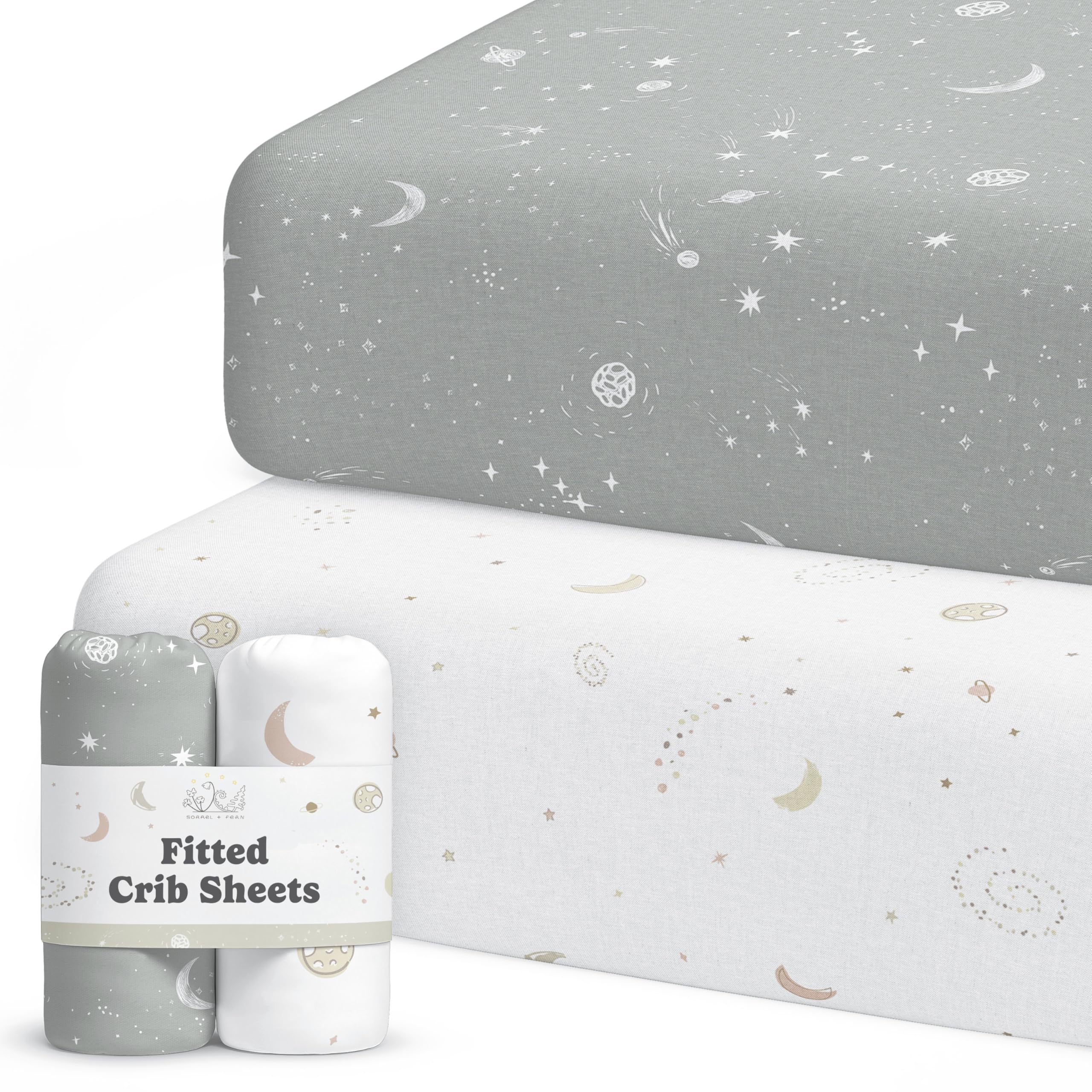 Sorrel+Fern crib sheet galaxy design offers a soft, snug fit.