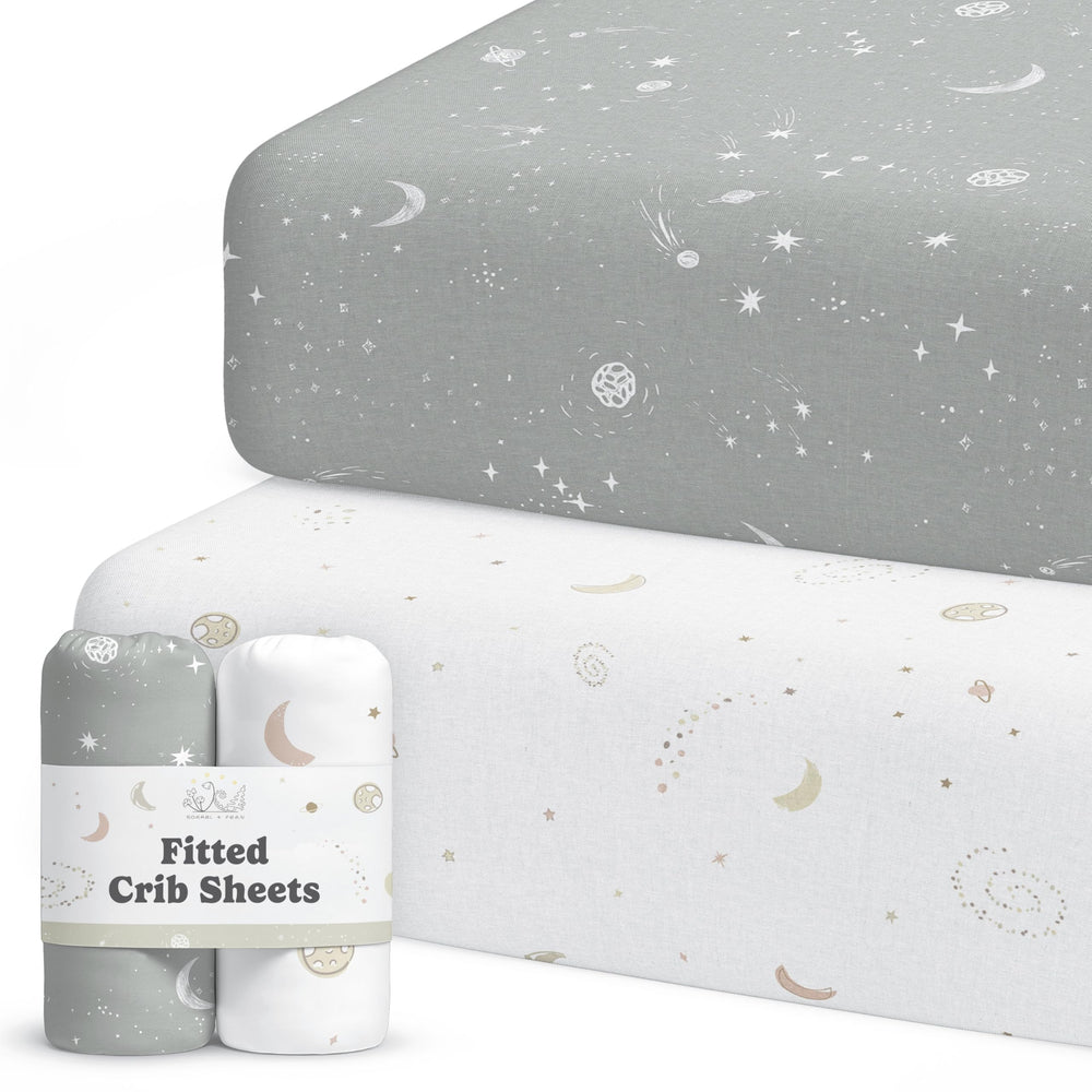 Sorrel+Fern crib sheet galaxy design offers a soft, snug fit.