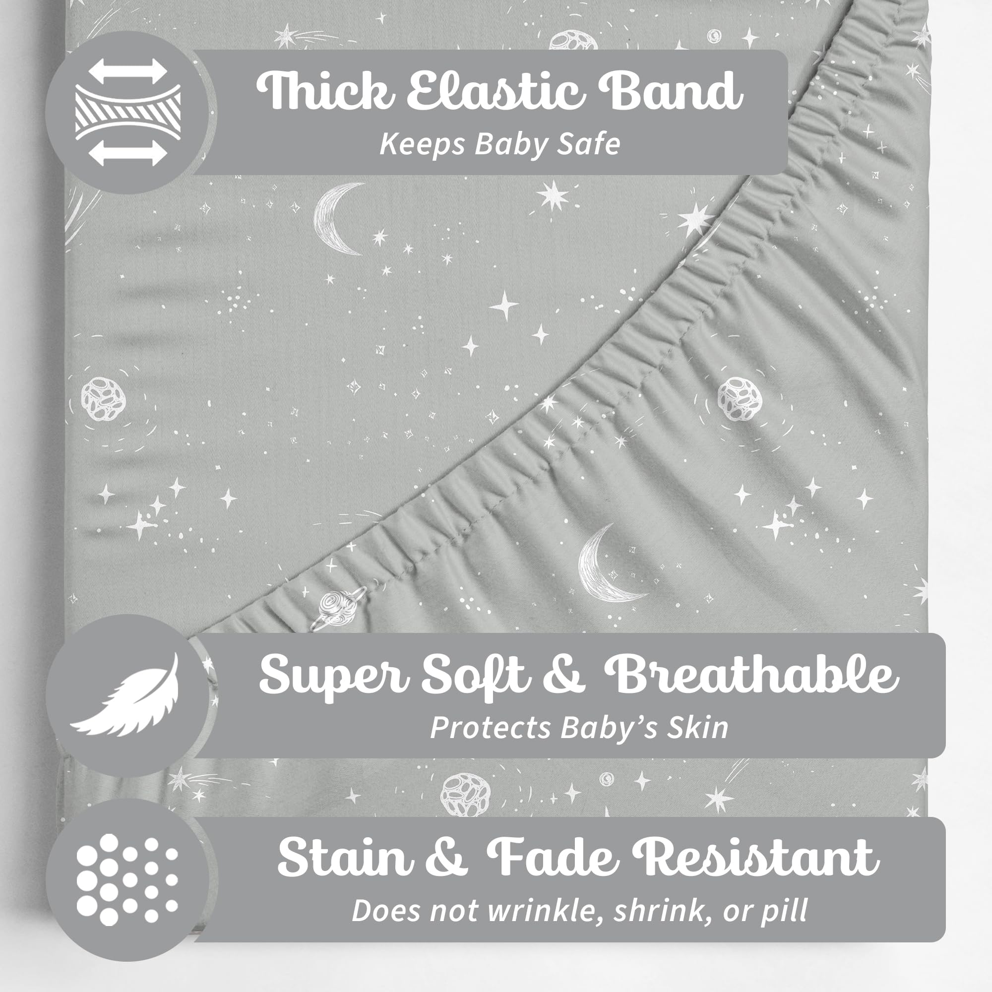 Sorrel+Fern crib sheet moon pattern enhances cozy sleep space.