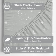 Sorrel+Fern crib sheet moon pattern enhances cozy sleep space.