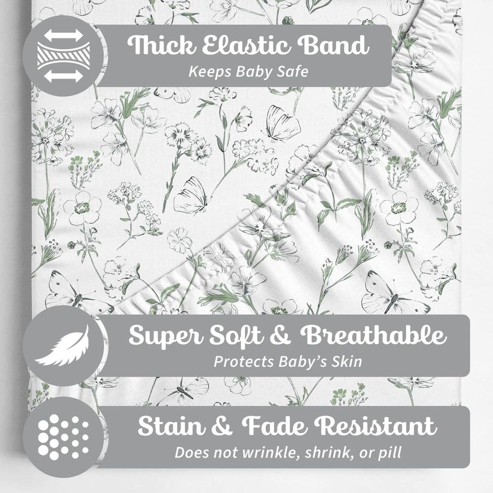Butterfly Garden crib sheet by Sorrel and Fern, snug fit on standard crib mattresses