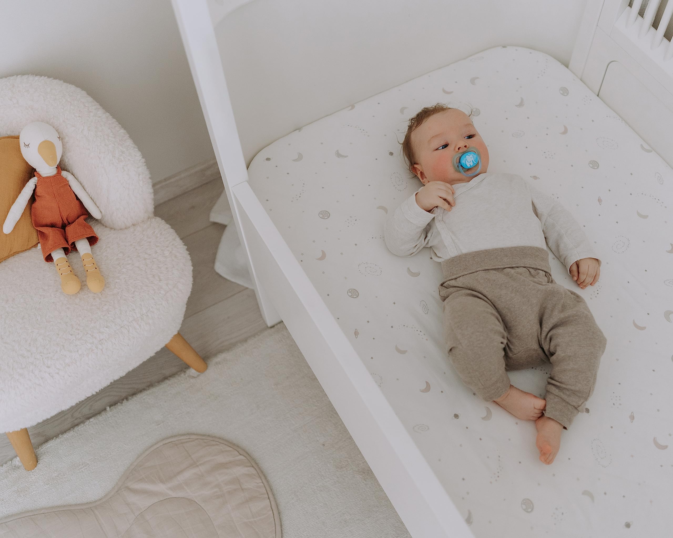 Sorrel+Fern crib sheet soft cotton blend feels gentle on baby's skin.