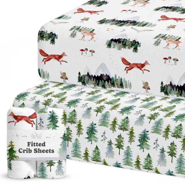 Sorrel + Fern crib sheet woodland animals pattern for a cozy nursery.