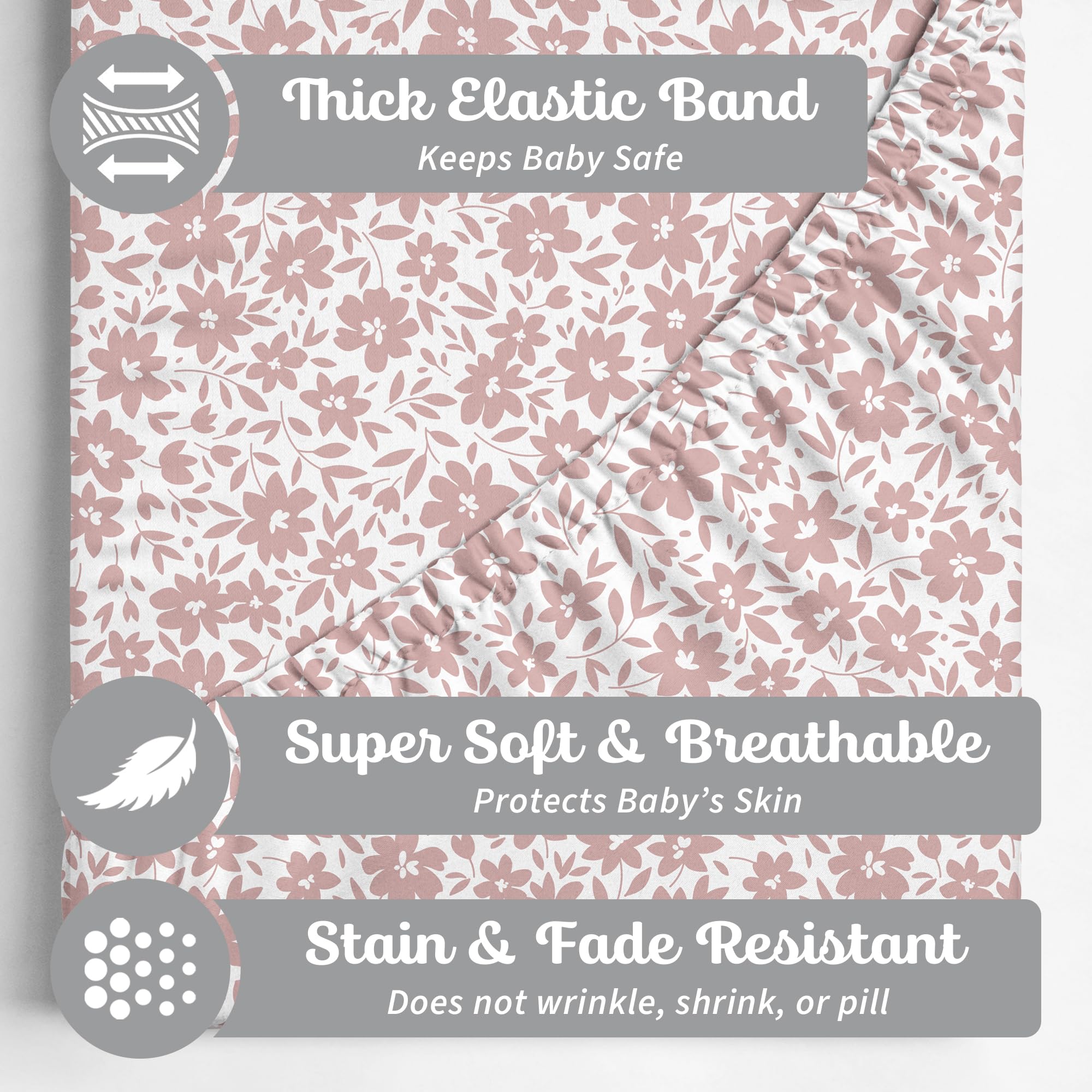 Sorrel + Fern crib sheets Antique Rose on standard mattress with secure, snug fit