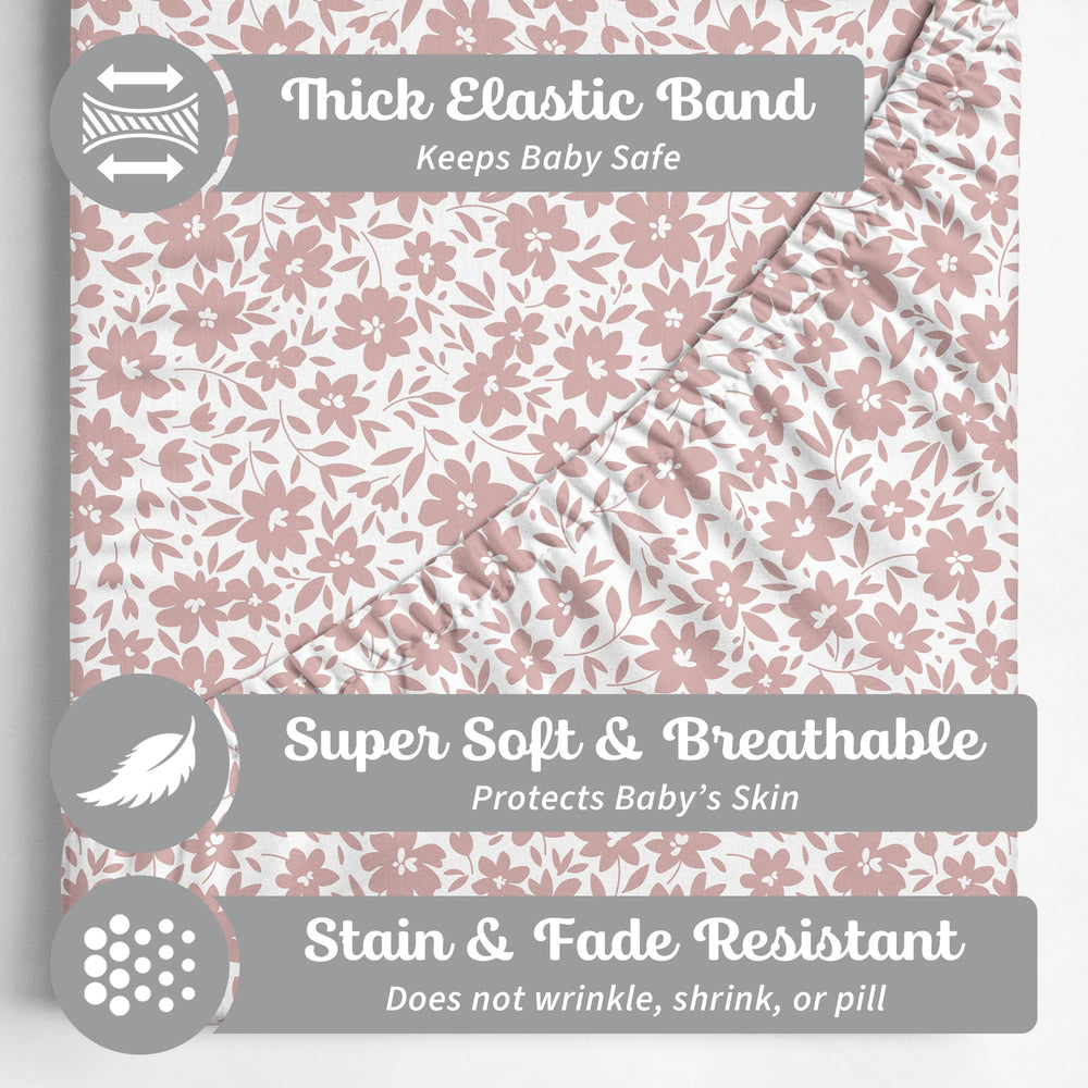 Sorrel + Fern crib sheets Antique Rose on standard mattress with secure, snug fit