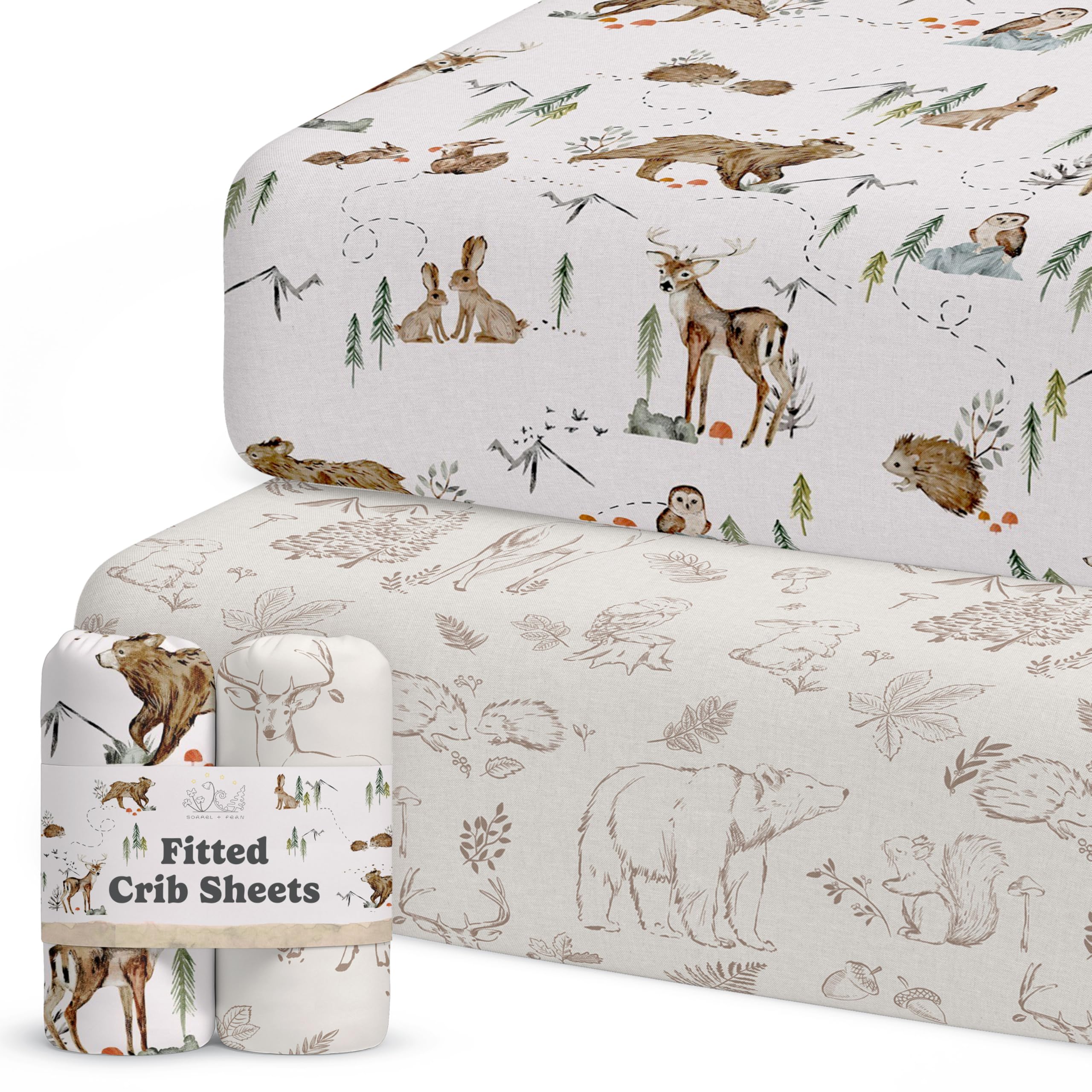 Sorrel + Fern neutral crib sheets with magic forest pattern, soft and breathable.