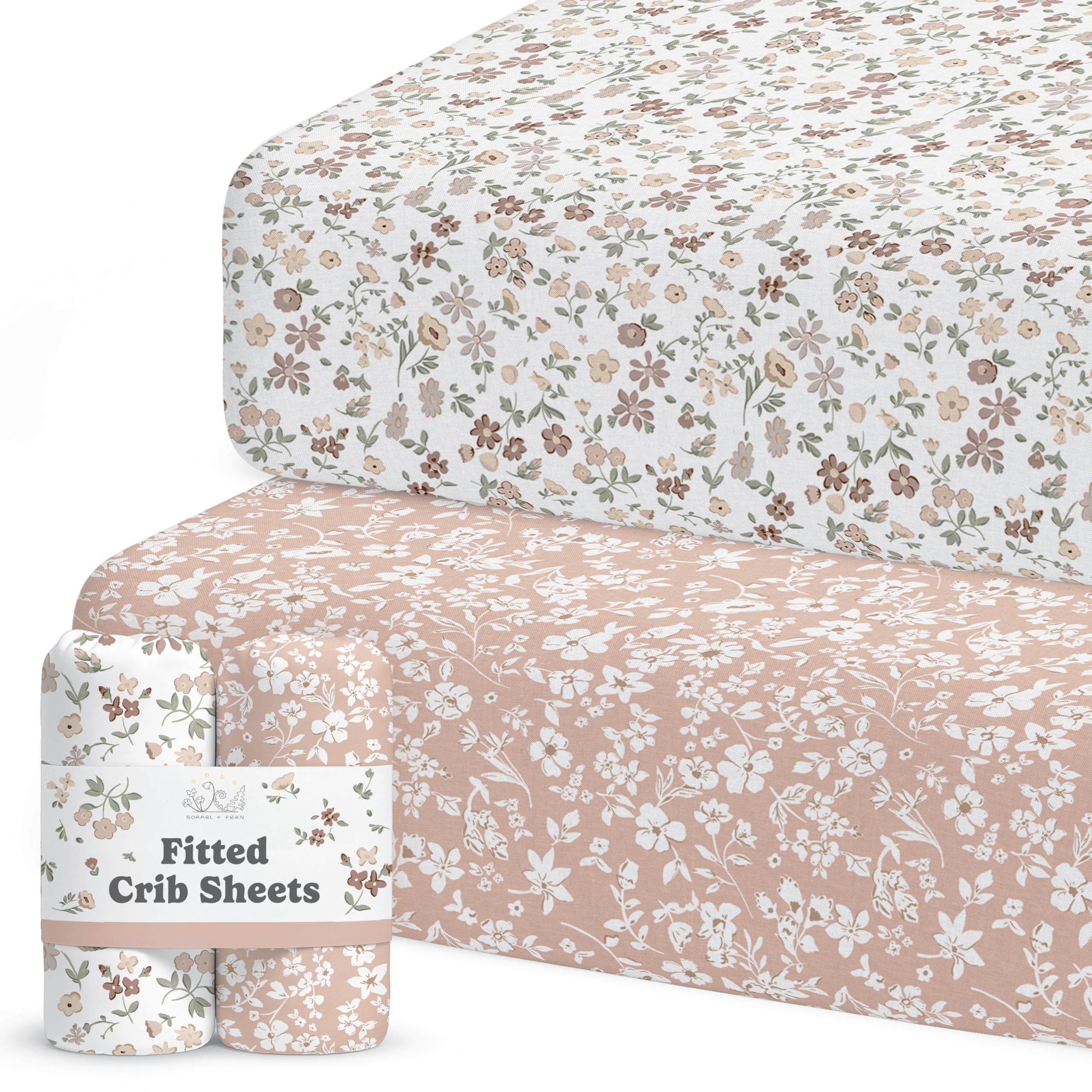 Sorrel + Fern crib sheets Neutral pattern close-up highlights soft fabric and cozy touch.